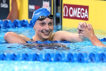 OMAHA, NE - JULY 02:  Katie Ledecky of the United States celebrates after finishing first in the final heat for the Women's 800 Meter Freestyle during Day Seven of the 2016 U.S. Olympic Team Swimming Trials at CenturyLink Center on July 2, 2016 in Omaha, 