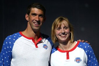 OMAHA, NE - JULY 03:  (L-R) Michael Phelps and Katie Ledecky of the United States celebrate during Day Eight of the 2016 U.S. Olympic Team Swimming Trials at CenturyLink Center on July 3, 2016 in Omaha, Nebraska.  (Photo by Tom Pennington/Getty Images)