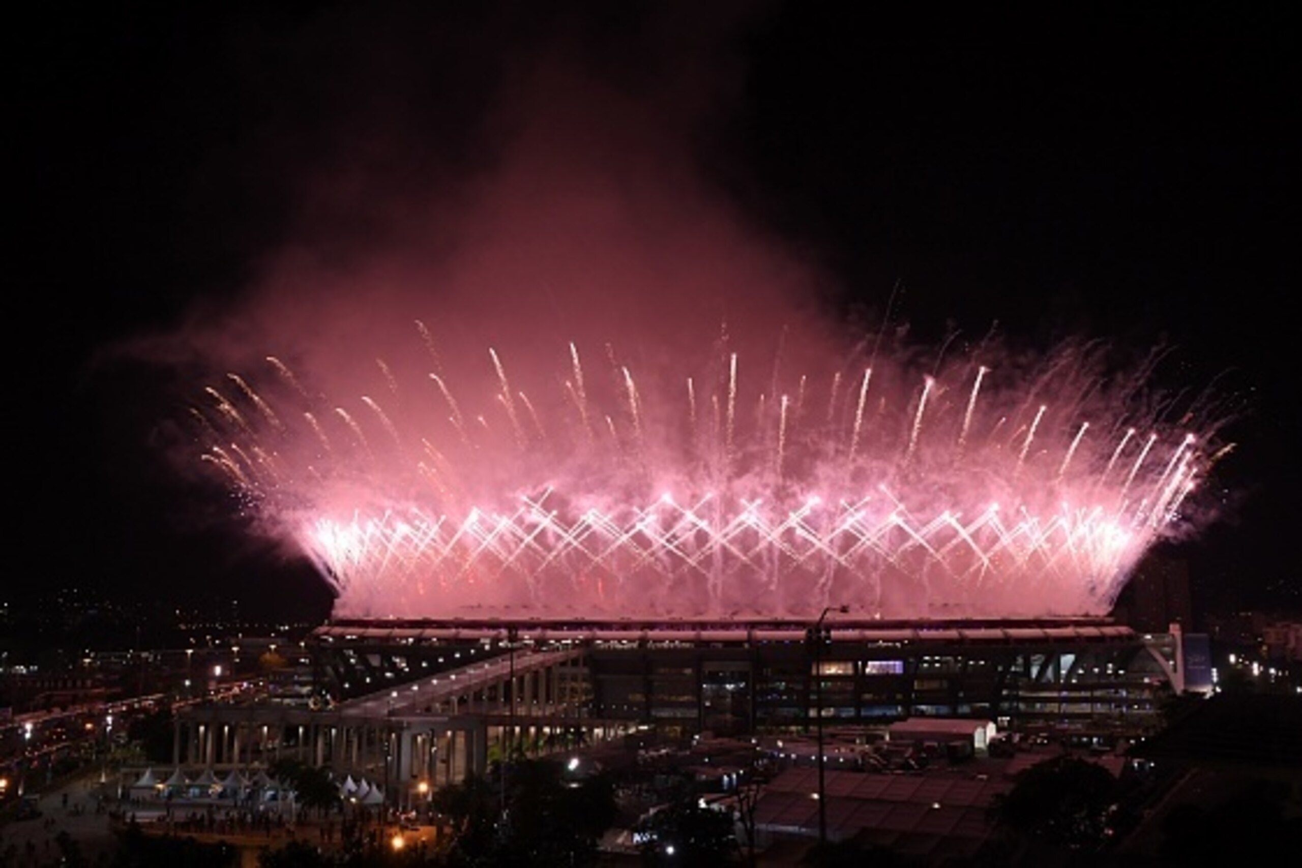 View of the fireworks over the Maracana stadium at the end of the opening ceremony of the Rio 2016 Olympic Games, in Rio de Janeiro on August 5, 2016. / AFP / VANDERLEI ALMEIDA        (Photo credit should read VANDERLEI ALMEIDA/AFP/Getty Images)
