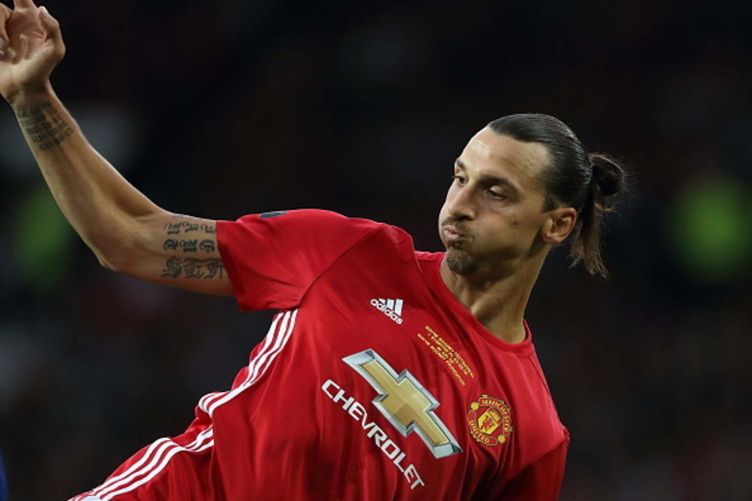MANCHESTER, ENGLAND - AUGUST 03: Zlatan Ibrahimovic of Manchester United during the Wayne Rooney Testimonial match between Manchester United and Everton at Old Trafford on August 3, 2016 in Manchester, England.  (Photo by Matthew Ashton - AMA/Getty Images