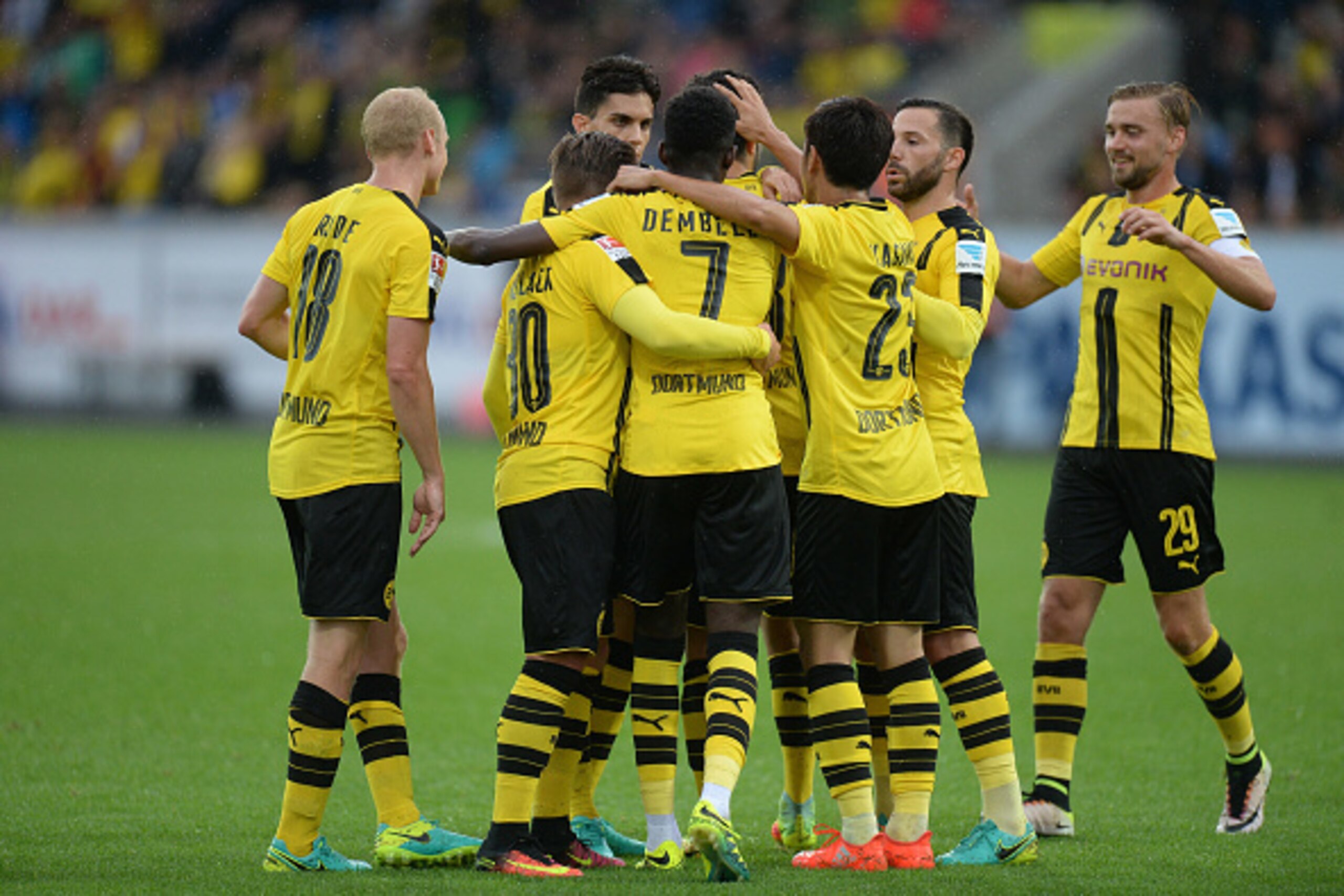 ALTACH, AUSTRIA - AUGUST 05: The team of Borussia Dortmund celebrate their teams first goal during the friendly match between AFC Sunderland v Borussia Dortmund at Cashpoint Arena on August 5, 2016 in Altach, Austria.  (Photo by Deniz Calagan/Getty Images