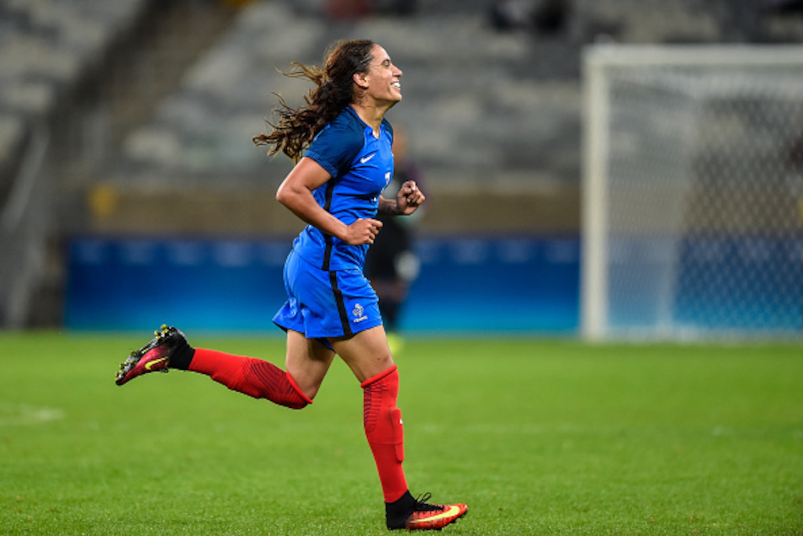 BELO HORIZONTE, BRAZIL - AUGUST 03: Amel Majri of France celebrates a scored goal against Colombia during a match between France and Colombia as part of Women's Football - Olympics at Mineirao Stadium on August 3, 2016 in Belo Horizonte, Brazil. (Photo by