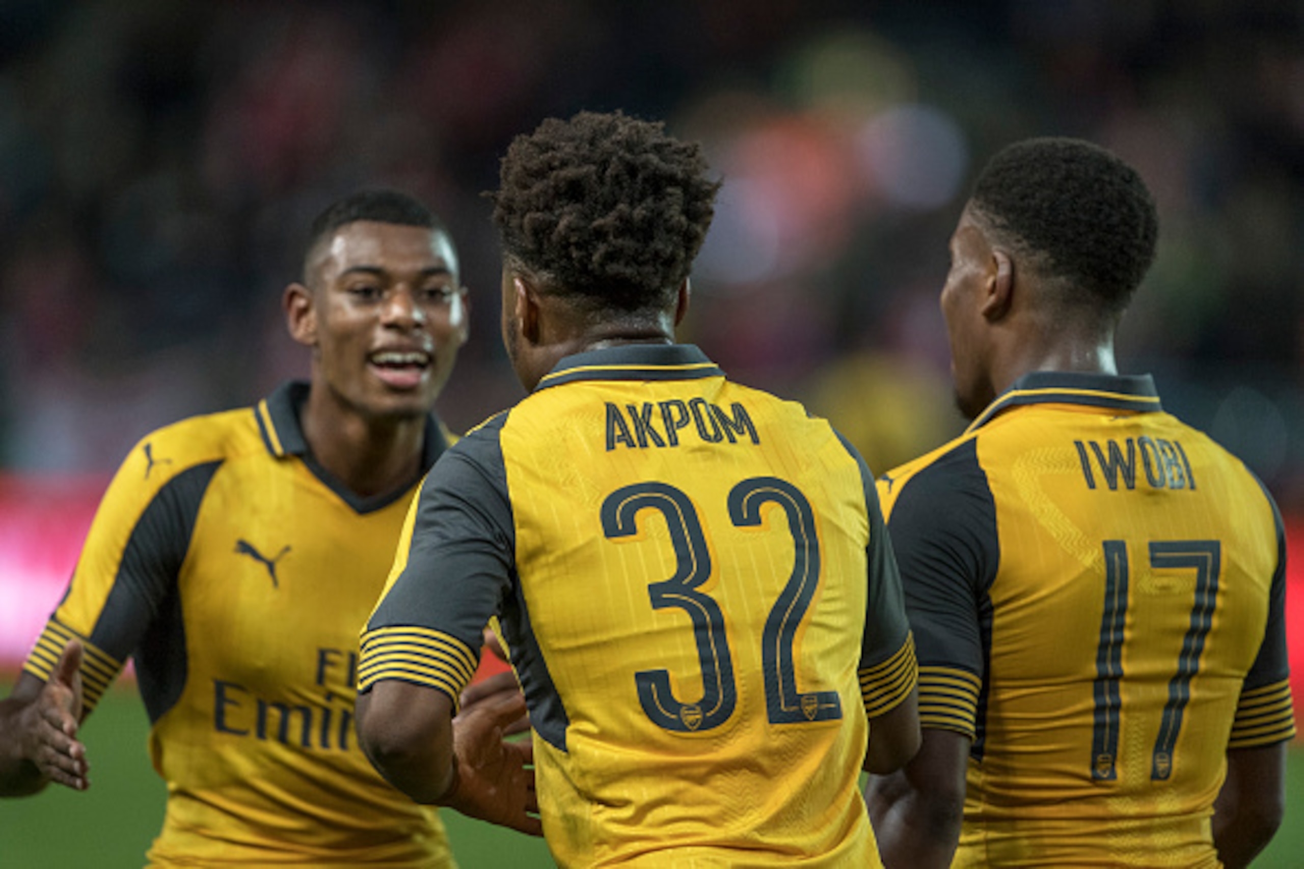 STAVANGER, NORWAY - AUGUST 05: Jeff Reine-Adelaide, Chuba Akpon, Alex Iwobi  of Arsenal during the match between Viking FK and Arsenal at Viking Stadion on August 5, 2016 in Stavanger, Norway. (Photo by Trond Tandberg/Getty Images)