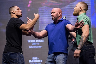 LAS VEGAS, NV - JULY 07:  (L-R) Nate Diaz and Conor McGregor face off during the UFC 202 - Press Conference at TMobile Arena on July 7, 2016 in Las Vegas, Nevada. (Photo by Brandon Magnus/Zuffa LLC/Zuffa LLC via Getty Images)