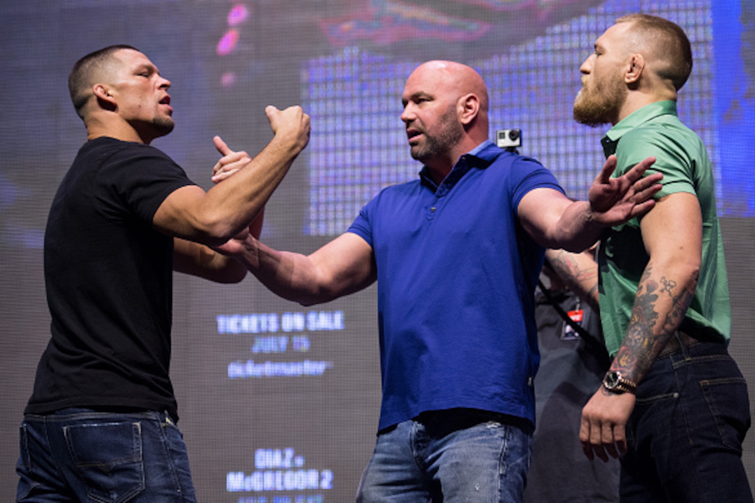 LAS VEGAS, NV - JULY 07:  (L-R) Nate Diaz and Conor McGregor face off during the UFC 202 - Press Conference at TMobile Arena on July 7, 2016 in Las Vegas, Nevada. (Photo by Brandon Magnus/Zuffa LLC/Zuffa LLC via Getty Images)