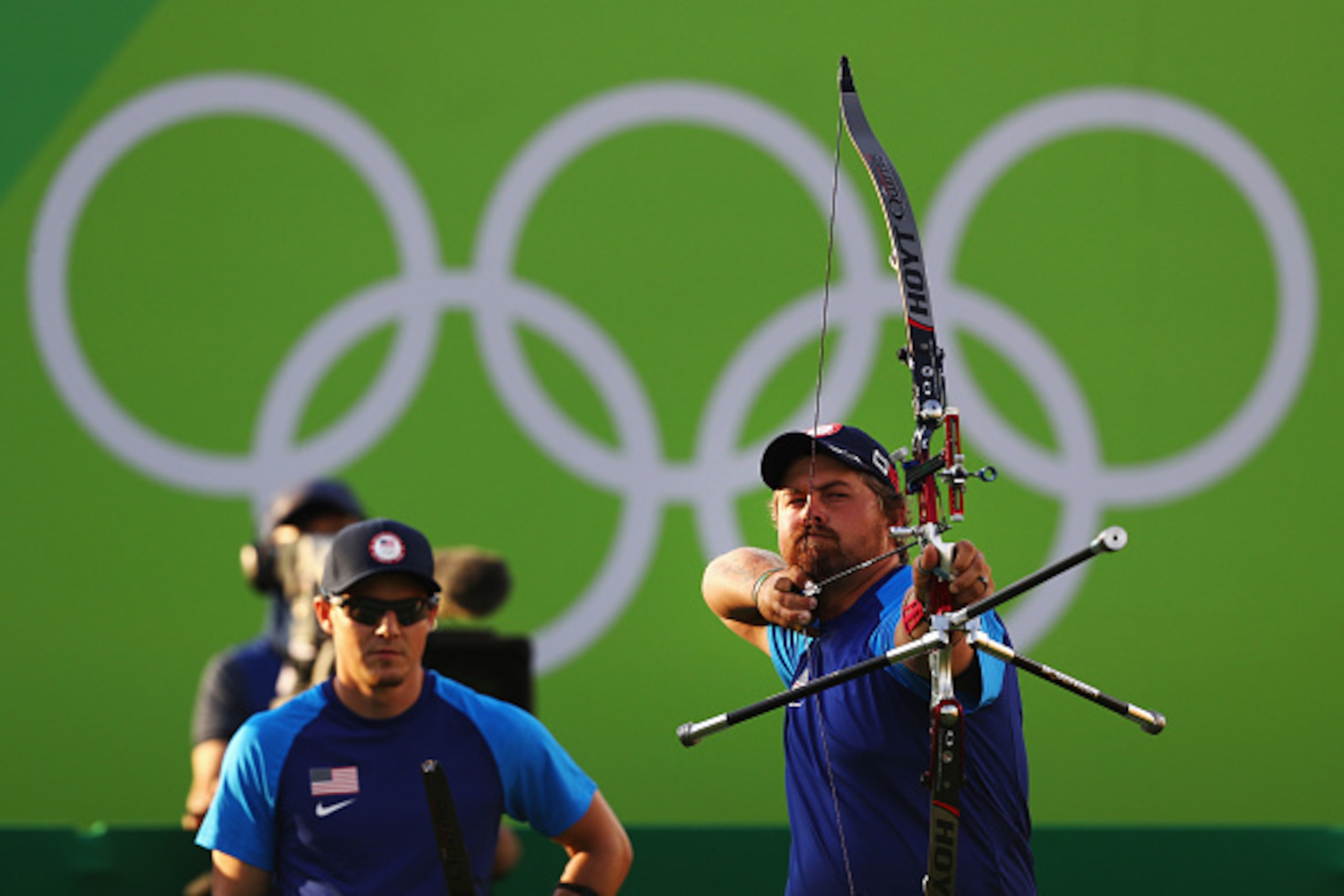 RIO DE JANEIRO, BRAZIL - AUGUST 06:  Brady Ellison of the United States competes against China during the Men's Team Semi Finals on Day 1 of the Rio 2016 Olympic Games at the Sambodromo on August 6, 2016 in Rio de Janeiro, Brazil.  (Photo by Paul Gilham/G