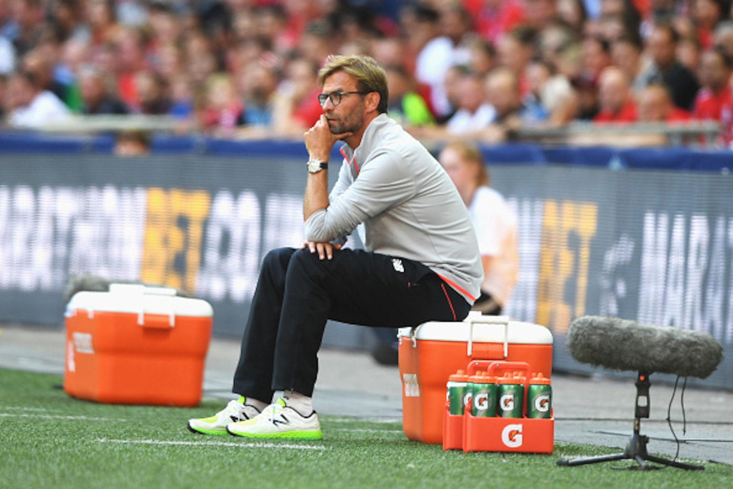 LONDON, ENGLAND - AUGUST 06:  Jurgen Klopp, Manager of Liverpool looks on during the International Champions Cup match between Liverpool and Barcelona at Wembley Stadium on August 6, 2016 in London, England.  (Photo by Michael Regan/Getty Images)