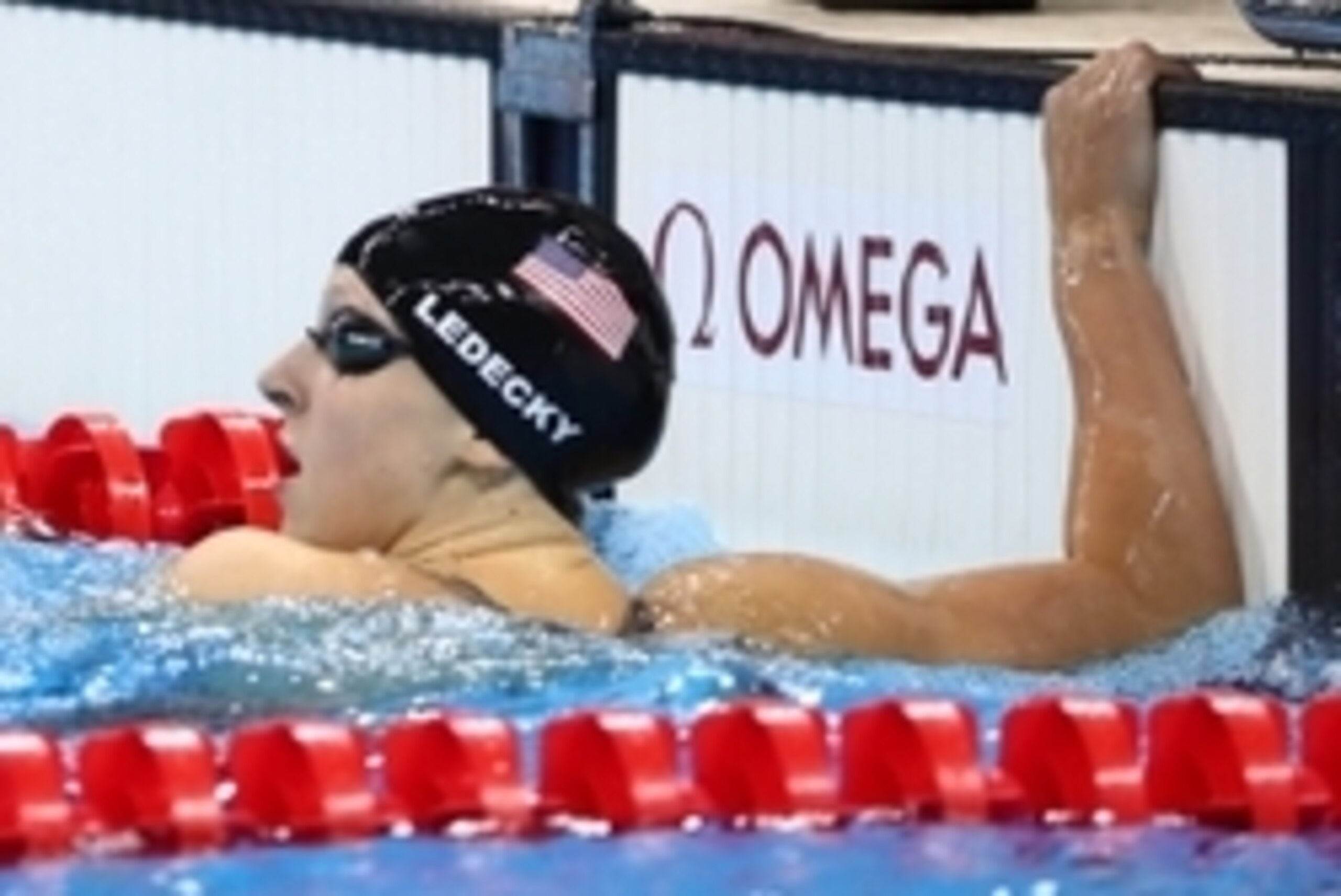 Aug 6, 2016; Rio de Janeiro, Brazil; Katie Ledecky (USA) reacts after the women's 4x100m freestyle relay finals during the Rio 2016 Summer Olympic Games at Olympic Aquatics Stadium. Mandatory Credit: Erich Schlegel-USA TODAY Sports
