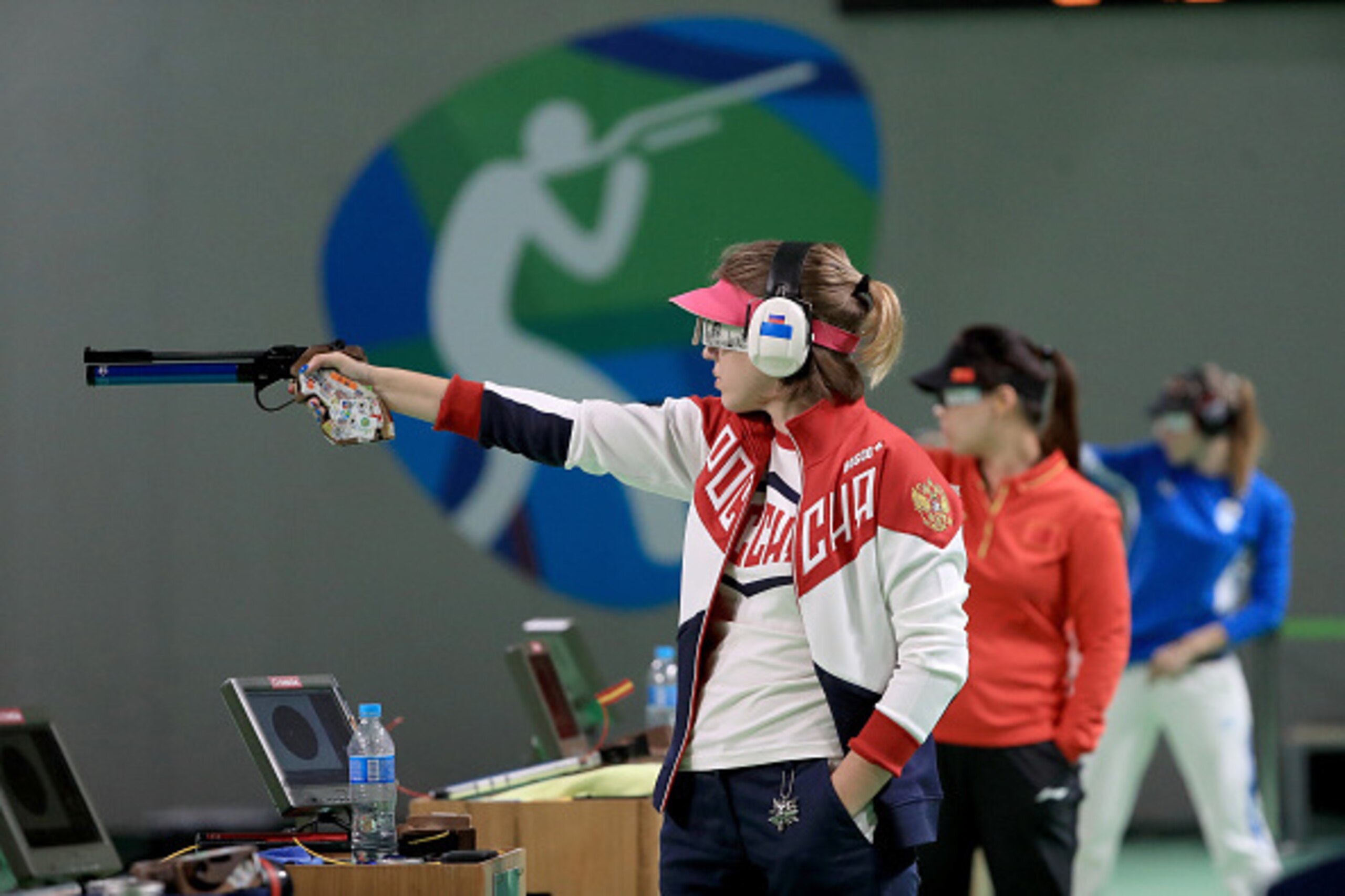 RIO DE JANEIRO, BRAZIL - AUGUST 07:  Vitalina Batsarashkina of Russia competes dduring the the Women's 10m Air Pistol event during the shooting competition on Day 2 of the Rio 2016 Olympic Games at the Olympic Shooting Centre on August 7, 2016 in Rio de J
