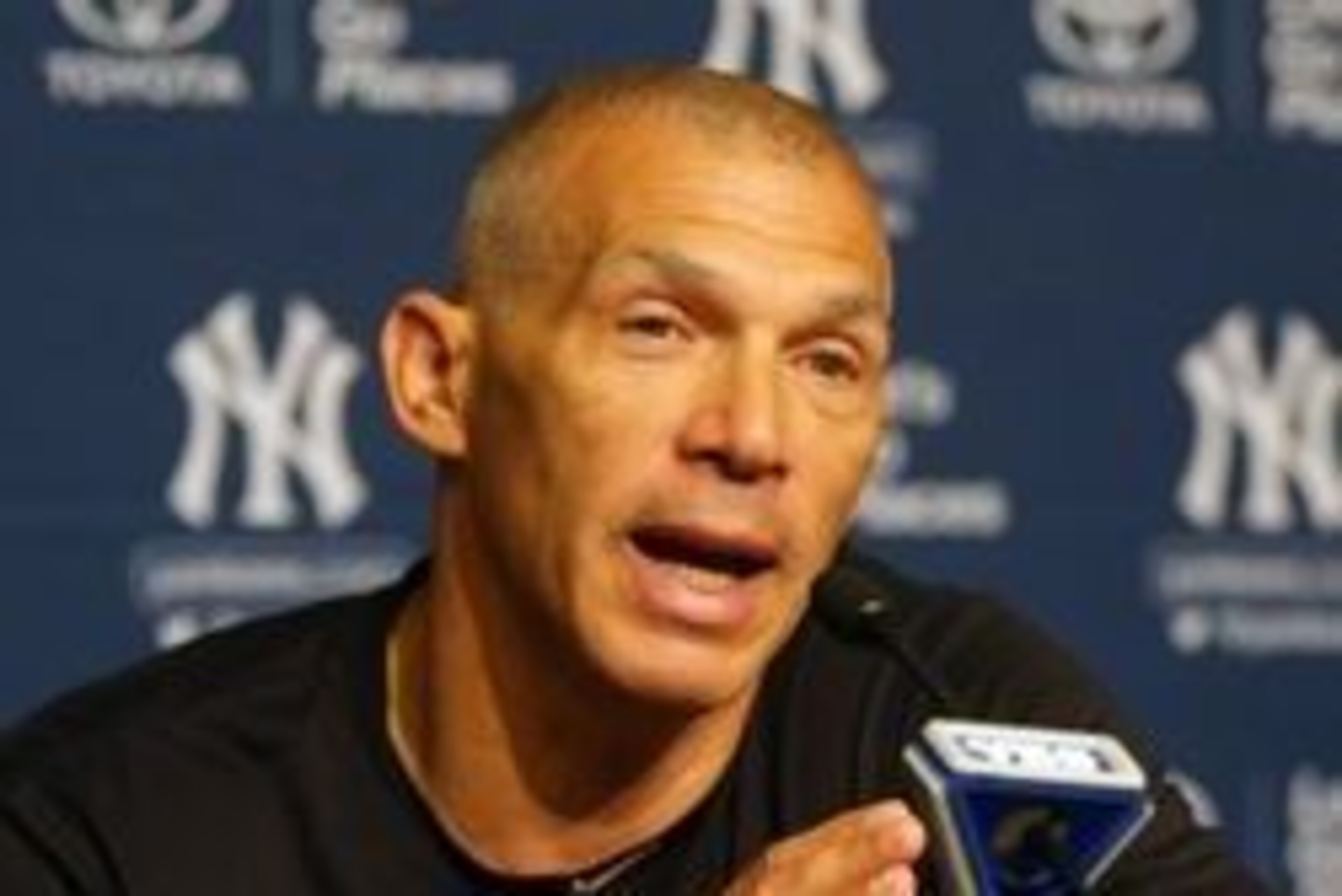 Aug 7, 2016; Bronx, NY, USA; New York Yankees manager Joe Girardi addresses the media during a press conference announcing the retirement of designated hitter Alex Rodriguez prior to the game between the Cleveland Indians and New York Yankees at Yankee St