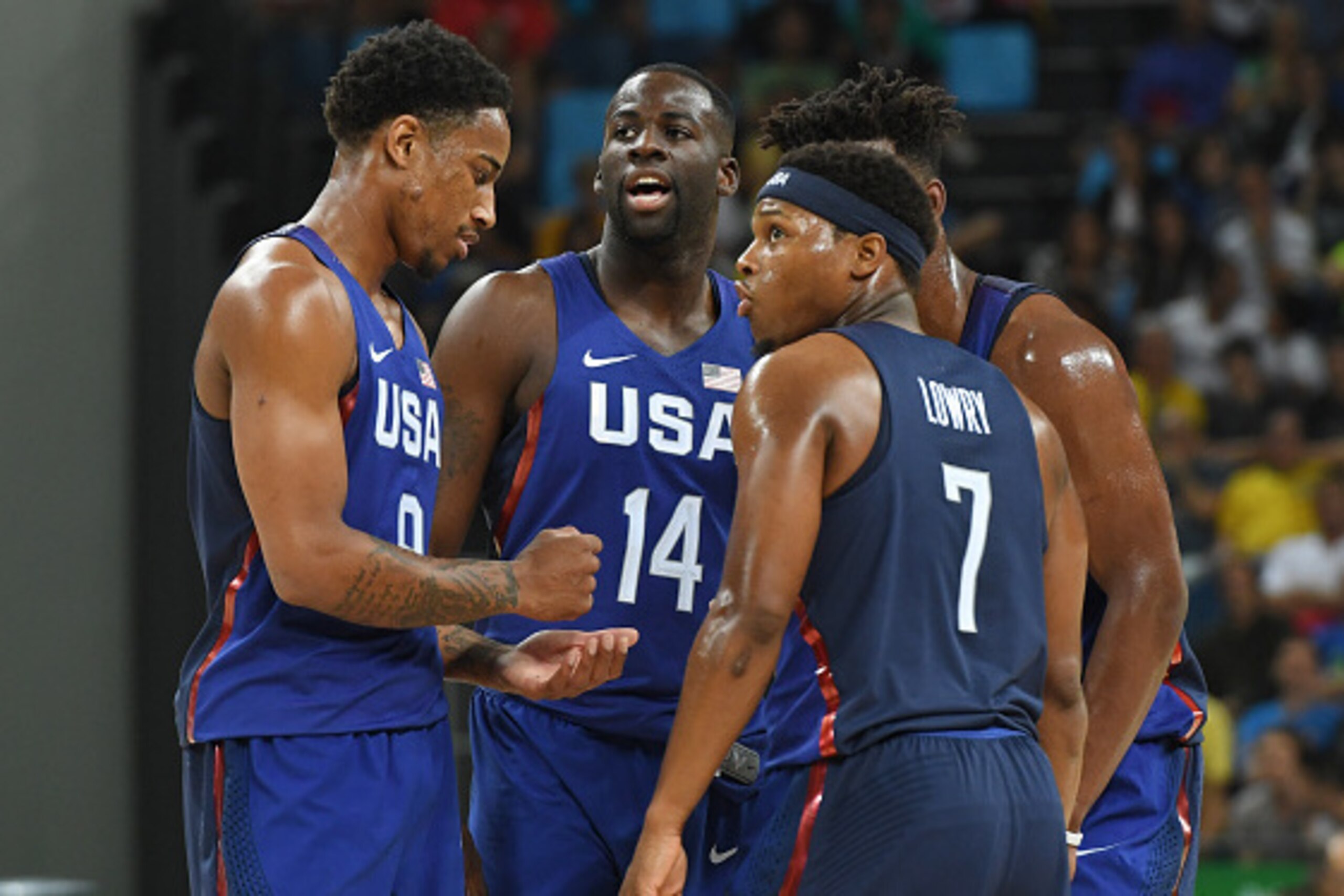 RIO DE JANEIRO, BRAZIL - AUGUST 6: The USA Basketball Men's National Team huddles during the game against China on Day 1 of the Rio 2016 Olympic Games at Carioca Arena 1 on August 6, 2016 in Rio de Janeiro, Brazil. NOTE TO USER: User expressly acknowledg RIO DE JANEIRO, BRAZIL - AUGUST 6: The USA Basketball Men's National Team huddles during the game against China on Day 1 of the Rio 2016 Olympic Games at Carioca Arena 1 on August 6, 2016 in Rio de Janeiro, Brazil. NOTE TO USER: User expressly acknowledg