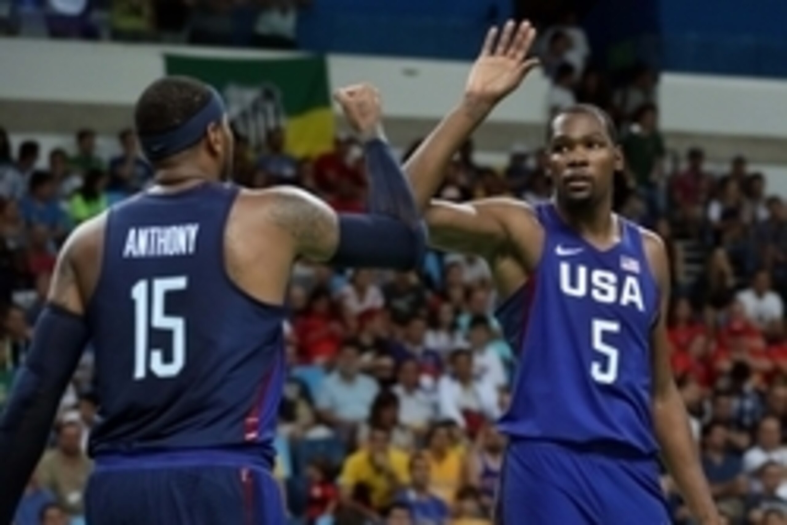 Aug 6, 2016; Rio de Janeiro, Brazil; United States forward Carmelo Anthony (15) and United States forward Kevin Durant (5) celebrate during the game against China in the men's basketball group A preliminary round during the Rio 2016 Summer Olympic Games Aug 6, 2016; Rio de Janeiro, Brazil; United States forward Carmelo Anthony (15) and United States forward Kevin Durant (5) celebrate during the game against China in the men's basketball group A preliminary round during the Rio 2016 Summer Olympic Games