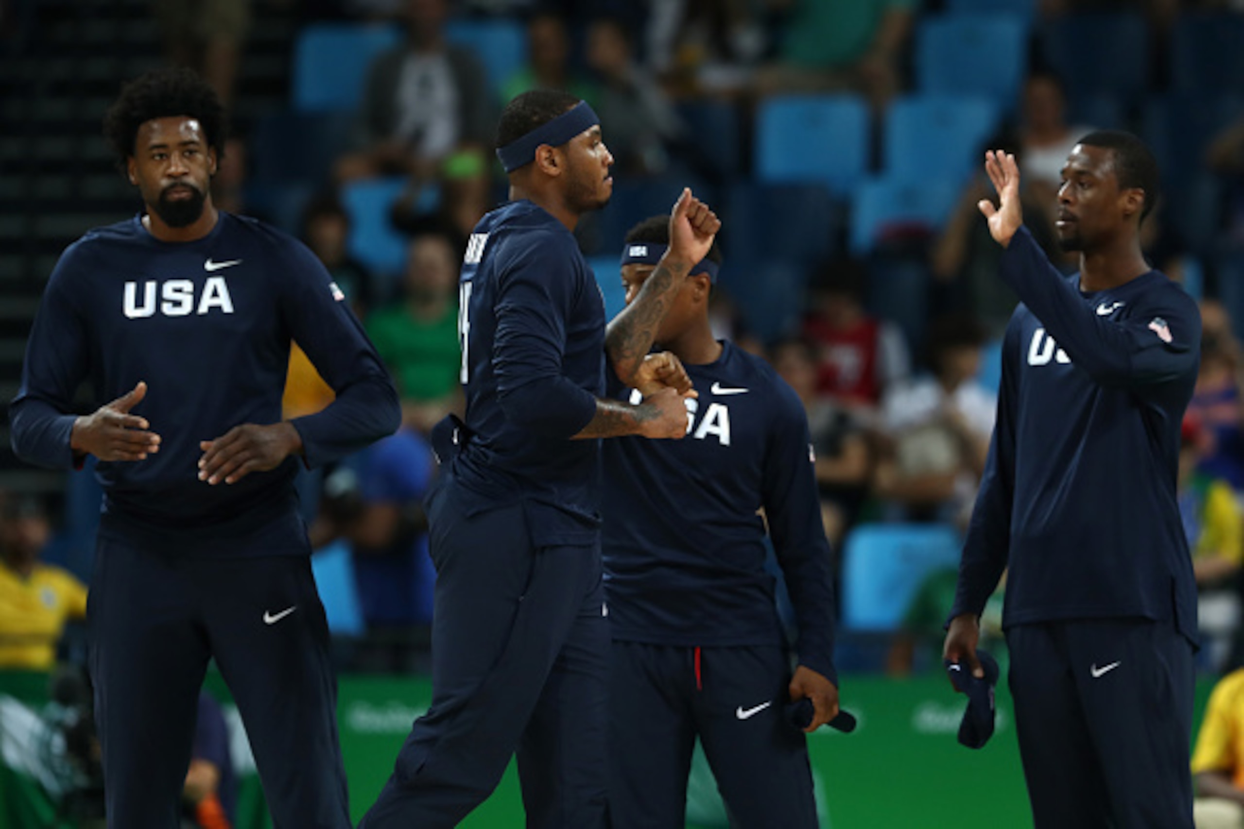 RIO DE JANEIRO, BRAZIL - AUGUST 06: Carmelo Anthony #15 of United States is introduced prior to playing China in the Men's Preliminary Round Group A match on Day 1 of the Rio 2016 Olympic Games at Carioca Arena 1 on August 6, 2016 in Rio de Janeiro, Braz RIO DE JANEIRO, BRAZIL - AUGUST 06: Carmelo Anthony #15 of United States is introduced prior to playing China in the Men's Preliminary Round Group A match on Day 1 of the Rio 2016 Olympic Games at Carioca Arena 1 on August 6, 2016 in Rio de Janeiro, Braz