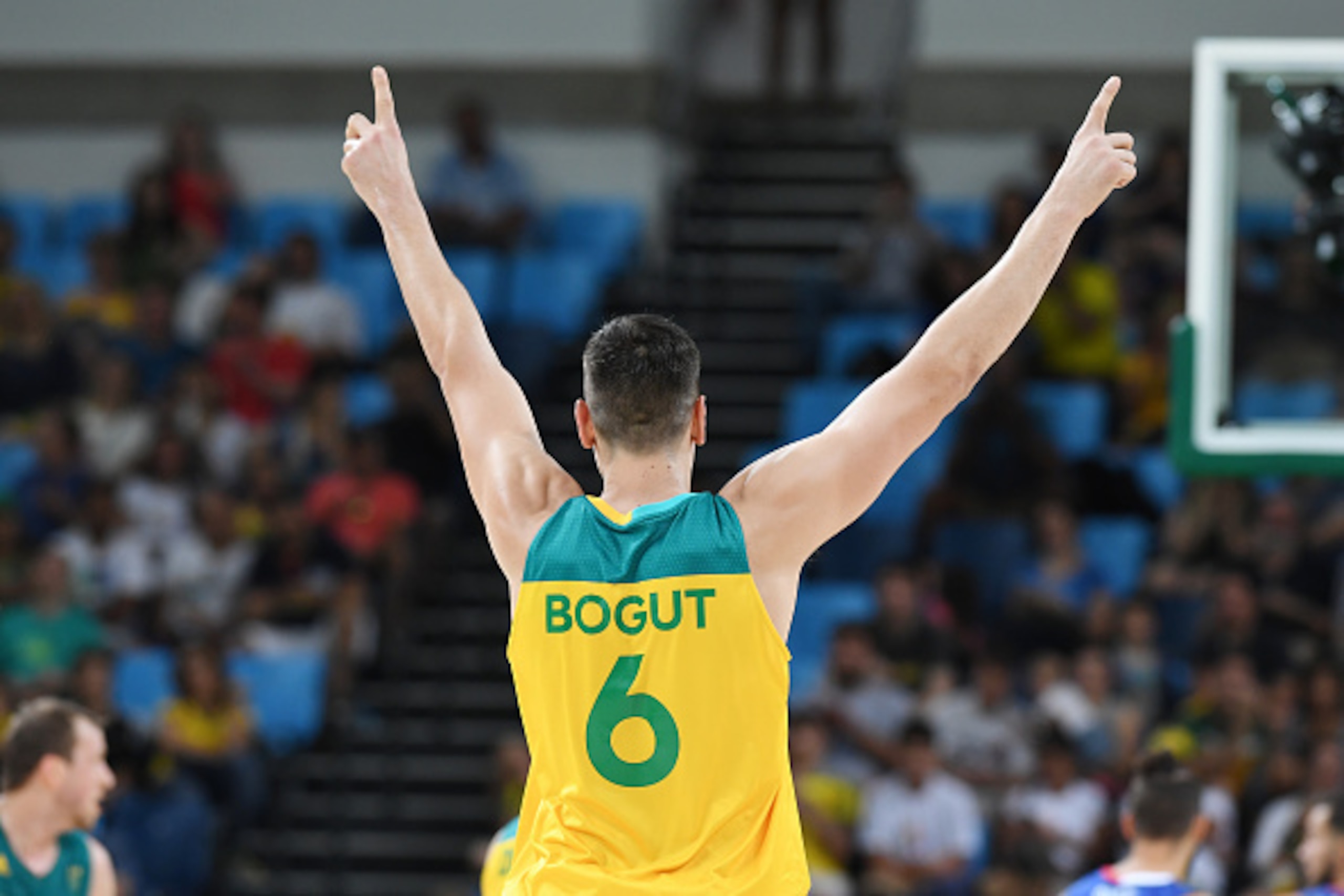 RIO DE JANEIRO, BRAZIL - AUGUST 6:  Andrew Bogut #6 of Australia celebrates during the game against France on Day 1 of the Rio 2016 Olympic Games at Carioca Arena 1 on August 6, 2016 in Rio de Janeiro, Brazil. NOTE TO USER: User expressly acknowledges and