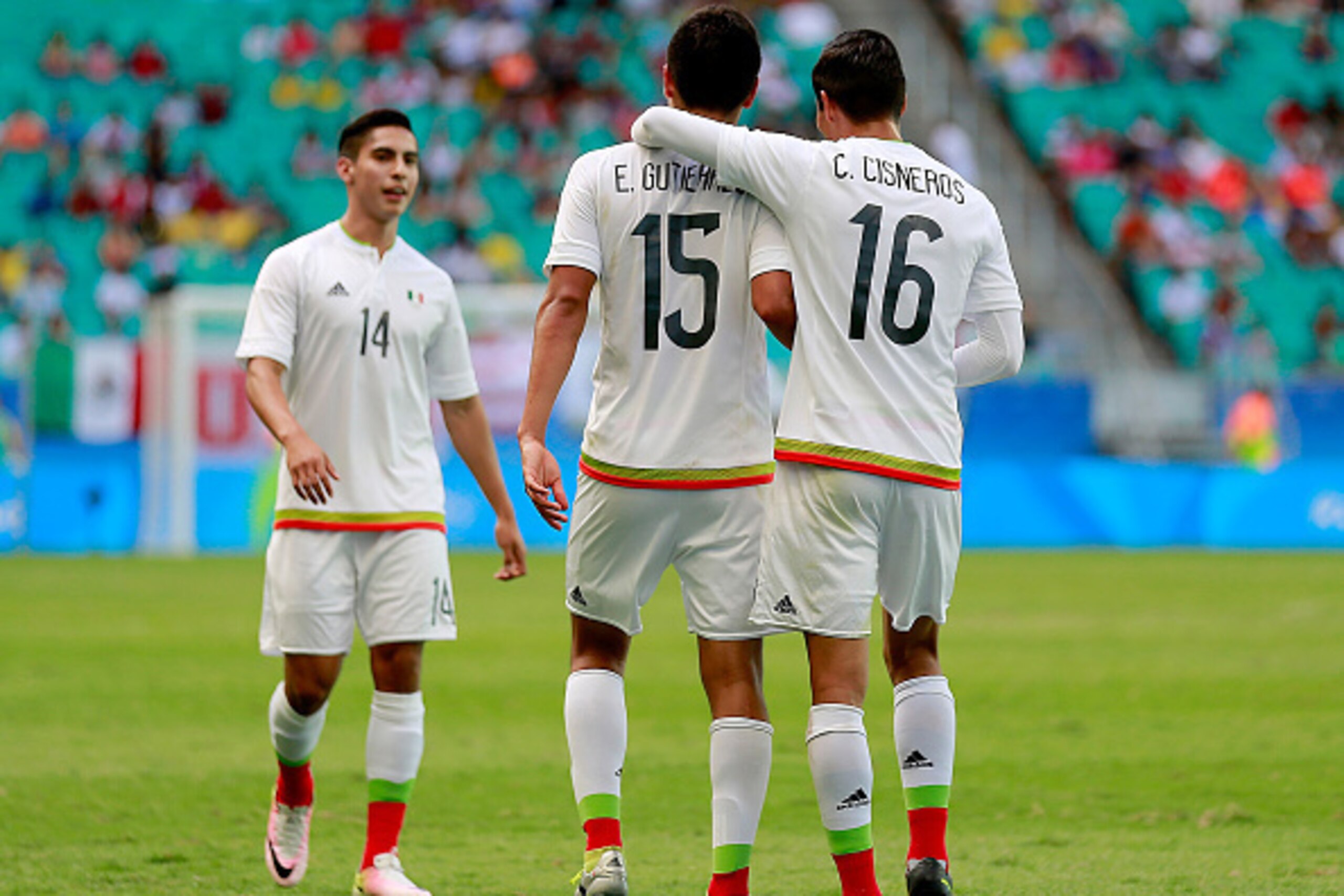 SALVADOR, BRAZIL - AUGUST 07:  Michael Perez (15) of Mexico celebrates with teammate Carlos Cisneros (16) during the Men's First Round Group C match between Fiji and Mexico at Arena Fonte Nova on August 7, 2016 in Salvador, Brazil.  (Photo by Felipe Olive