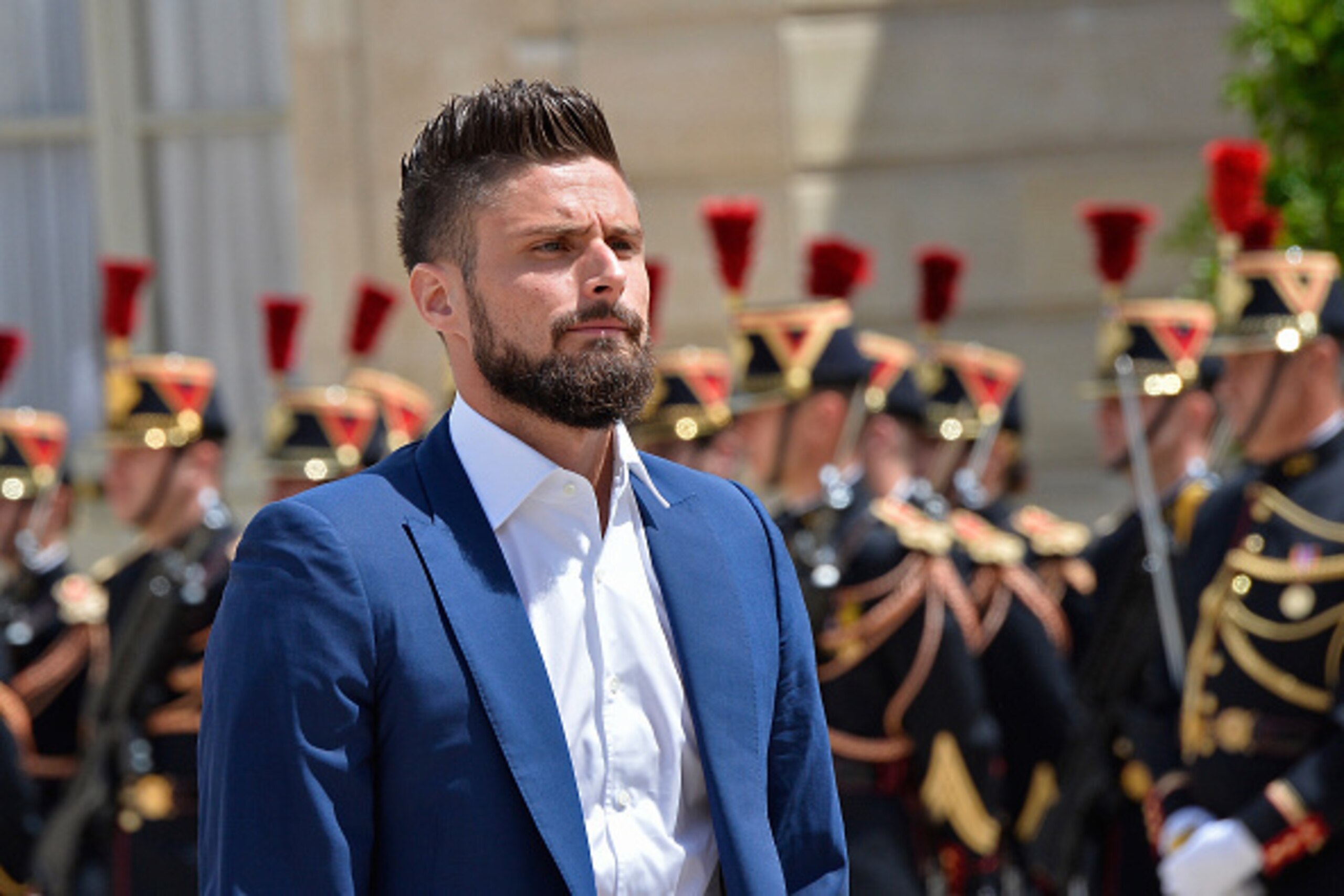 PARIS, FRANCE - JULY 11: Olivier Giroud arrives at Elysee Palace as French President Francois Hollande receives the France Soccer team for a lunch on July 11, 2016 in Paris, France. France soccer national team lost the EURO 2016 final against Portugal 1- PARIS, FRANCE - JULY 11: Olivier Giroud arrives at Elysee Palace as French President Francois Hollande receives the France Soccer team for a lunch on July 11, 2016 in Paris, France. France soccer national team lost the EURO 2016 final against Portugal 1-