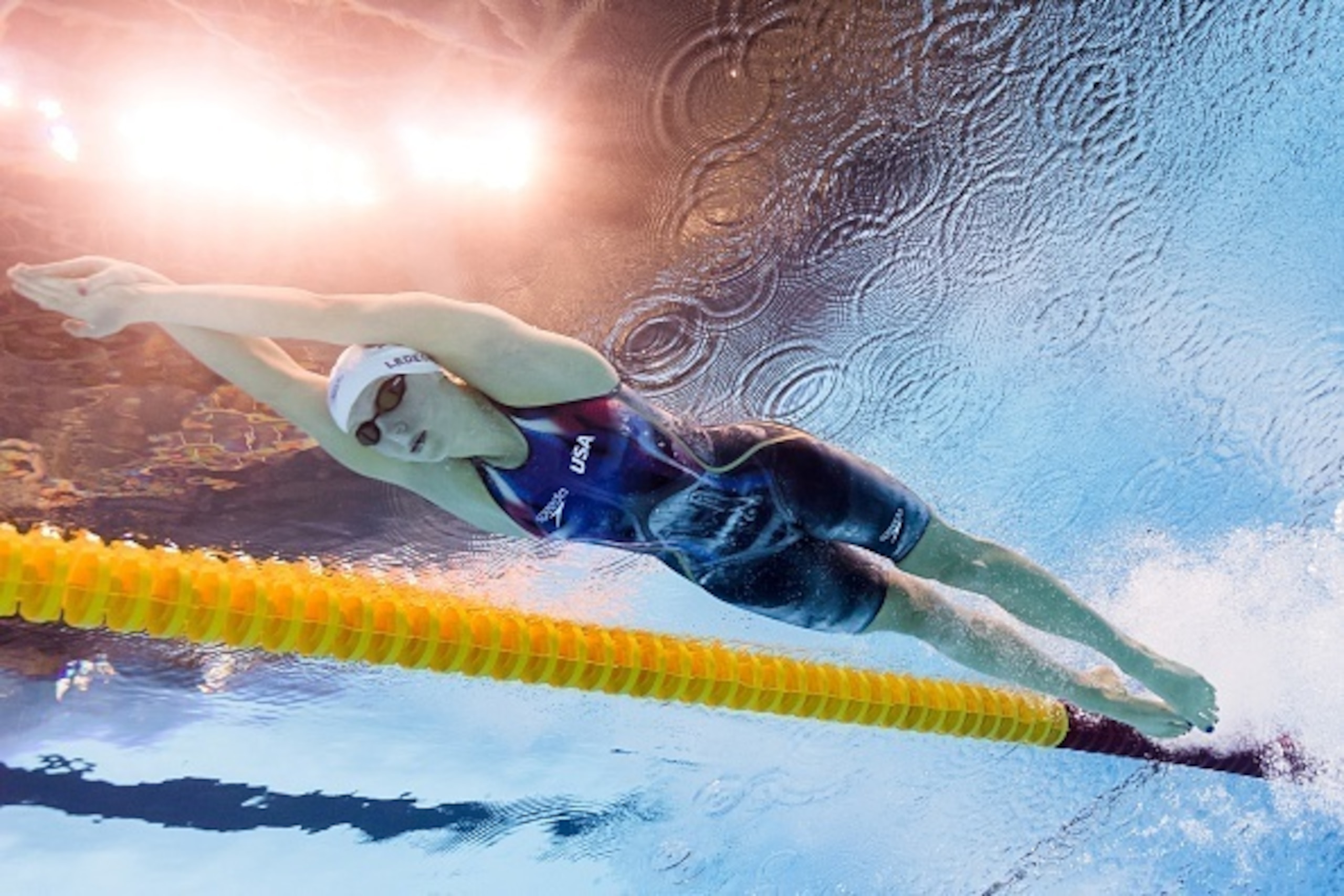 USA's Katie Ledecky competes in a Women's 200m Freestyle heat during the swimming event at the Rio 2016 Olympic Games at the Olympic Aquatics Stadium in Rio de Janeiro on August 8, 2016.  / AFP / François-Xavier MARIT        (Photo credit should read FRAN