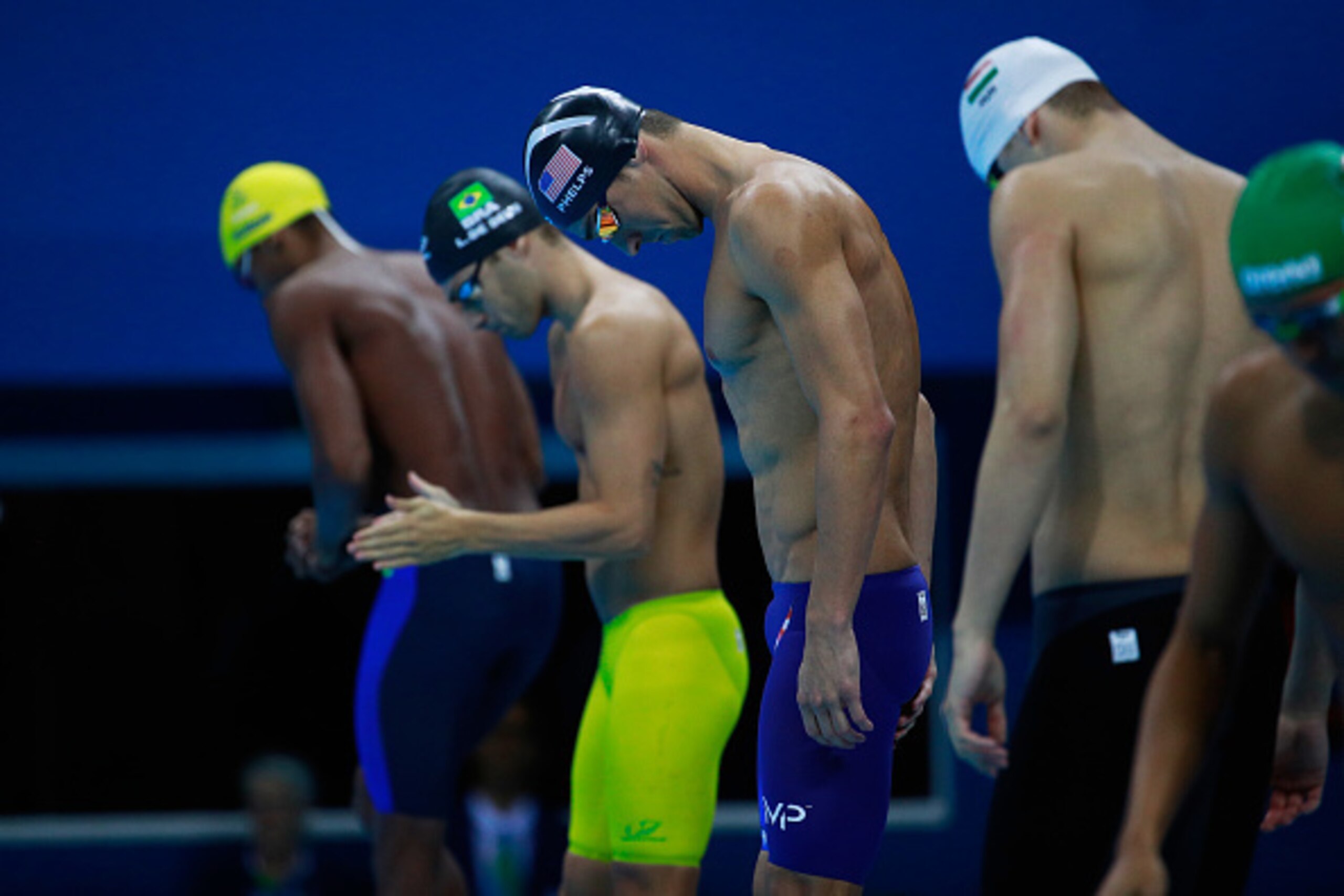 RIO DE JANEIRO, BRAZIL - AUGUST 08:  Michael Phelps of the United States gathers his thoughts ahead of the second Semifinal of the Men's 200m Butterfly on Day 3 of the Rio 2016 Olympic Games at the Olympic Aquatics Stadium on August 8, 2016 in Rio de Jane