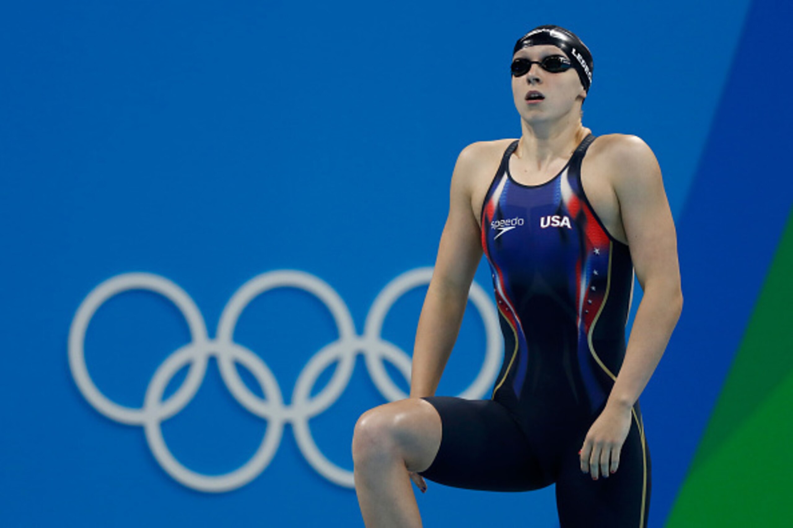 RIO DE JANEIRO, BRAZIL - AUGUST 08:  Katie Ledecky of the United States prepares in the second Semifinal of the Women's 200m Freestyle on Day 3 of the Rio 2016 Olympic Games at the Olympic Aquatics Stadium on August 8, 2016 in Rio de Janeiro, Brazil.  (Ph
