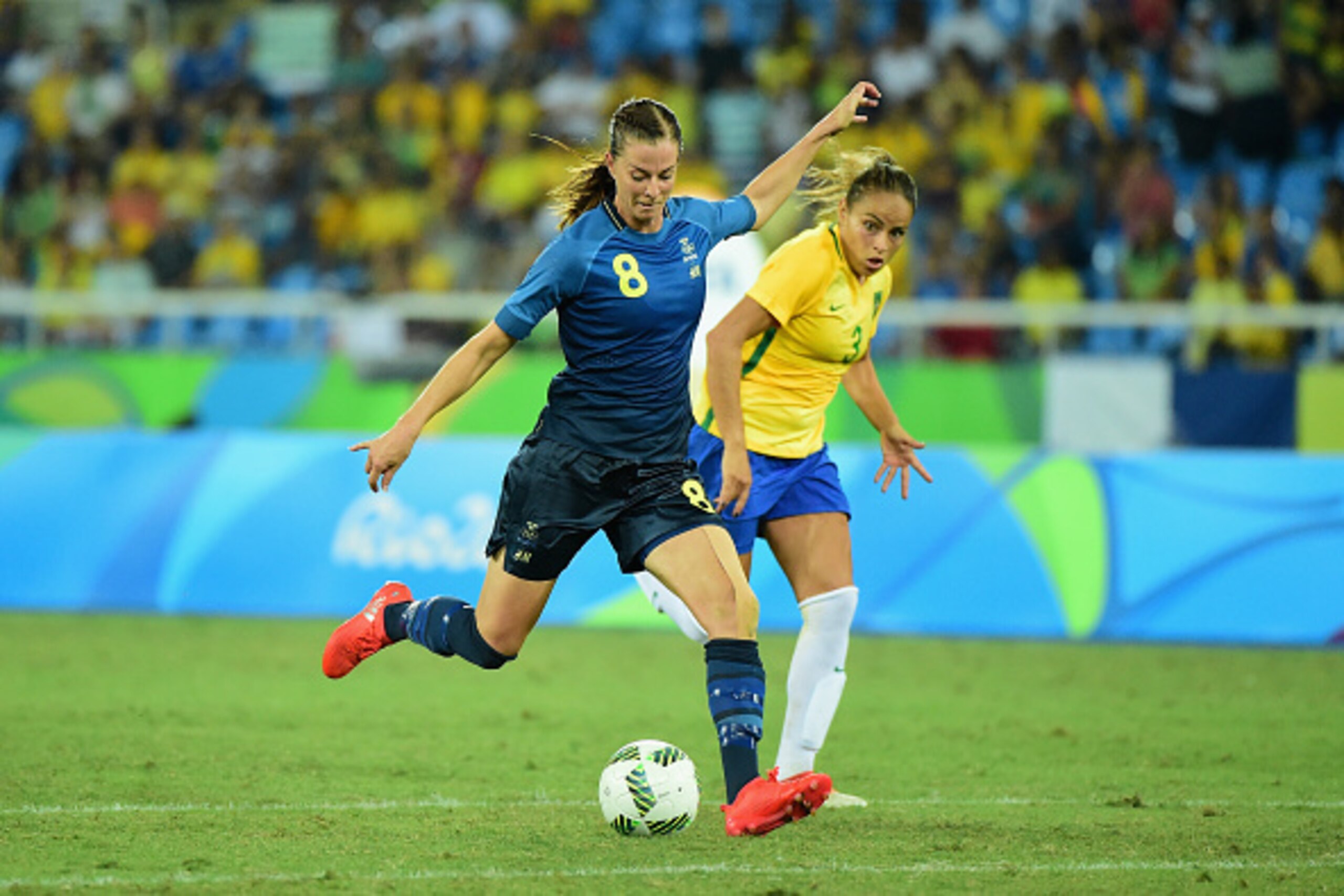 RIO DE JANEIRO, BRAZIL - AUGUST 06:  Lotta Schelin of Sweden scores a goal during the Women's Group E first round match between Brazil and Sweden on Day 1 of the Rio 2016 Olympic Games at the Olympic Stadium on August 6, 2016 in Rio de Janeiro, Brazil.  (
