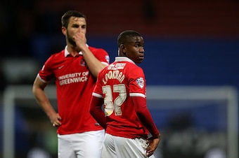BOLTON, ENGLAND - APRIL 19:  Ademola Lookman of Charlton Athletic looks on at the end of the match as the travelling support shout abuse at the players during the Sky Bet Championship match between Bolton Wanderers and Charlton Athletic at Reebok Stadium 