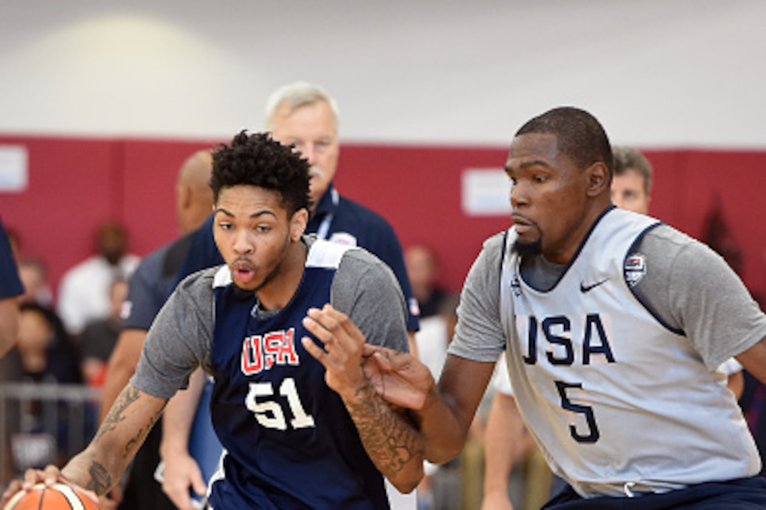 LAS VEGAS, NV - JULY 19:  Brandon Ingram #51 of the USA Men's Select Team handles the ball against Kevin Durant #5 of the USA Men's National Team during practice on July 19, 2016 at Mendenhall Center on the University of Nevada, Las Vegas campus in Las Ve