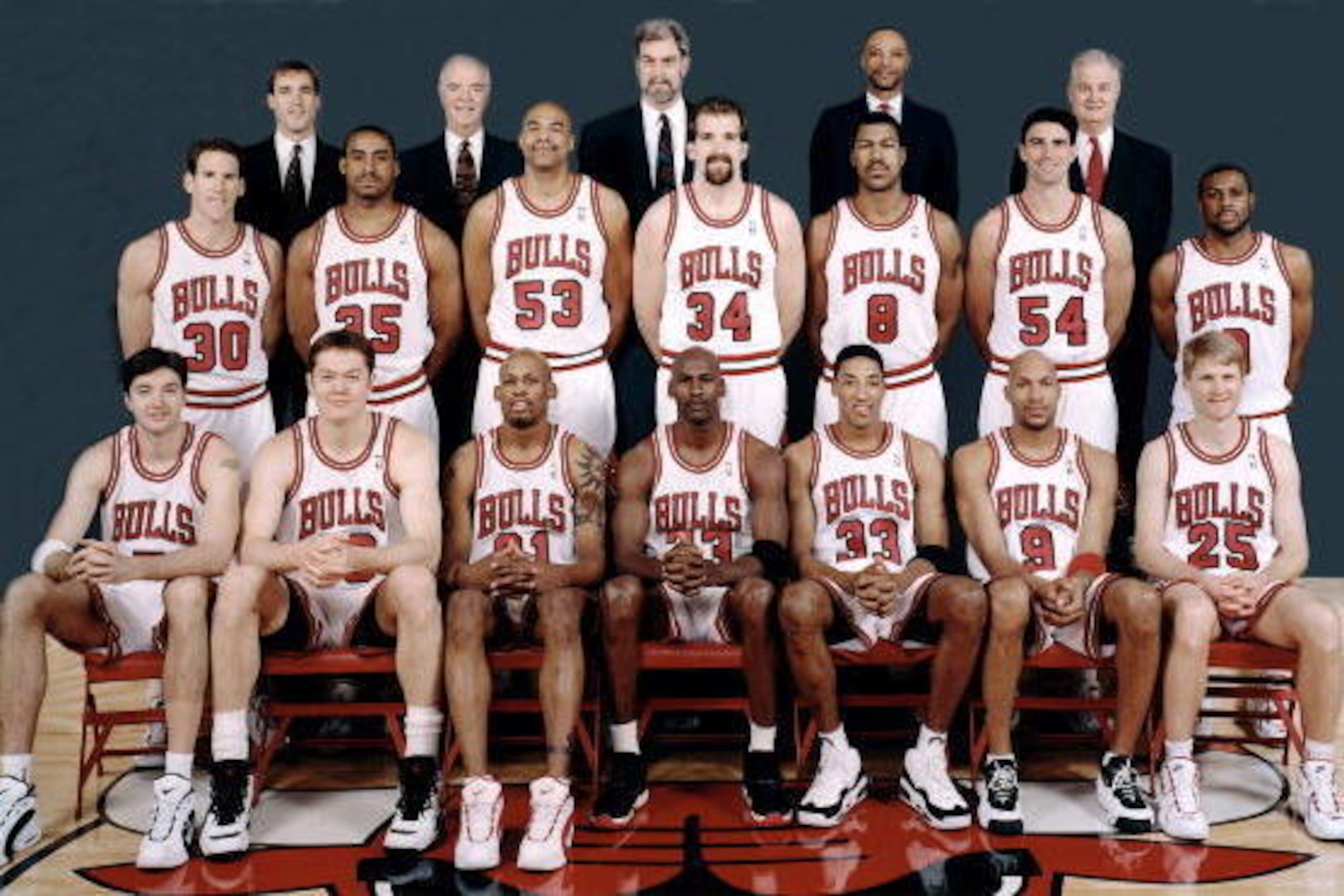 CHICAGO - 1996: The 1995-96 NBA Chicago Bulls pose for a team portrait in Chicago, IL. Front row (left to right): Toni Kukoc, Luc Longley, Dennis Rodman, Michael Jordan, Scottie Pippen, Ron Harper, Steve Kerr. Second row: Jud Buechler, Jason Caffey, James