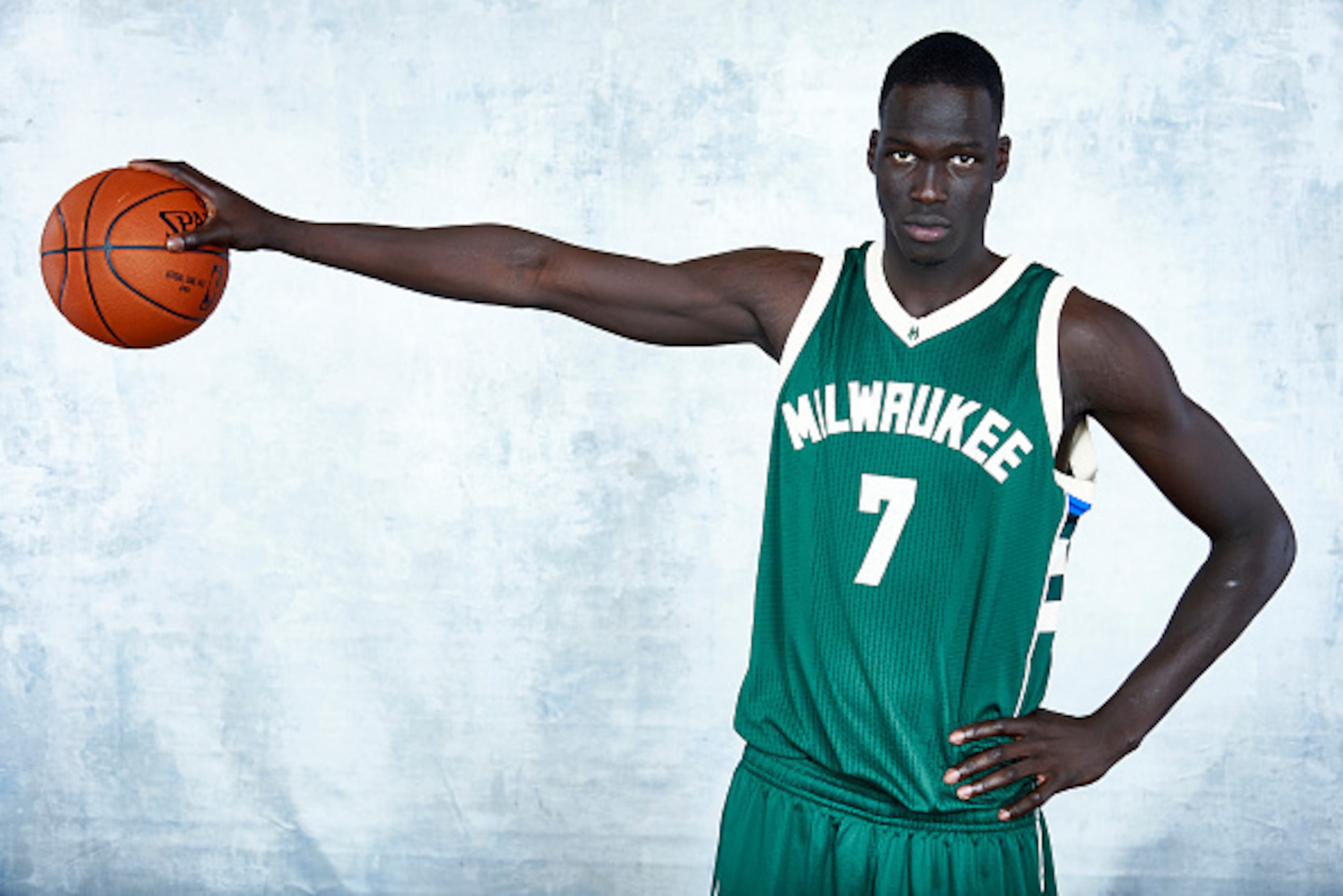 TARRYTOWN, NY - AUGUST 7:  Thon Maker #7 of the Milwaukee Bucks poses for a portrait during the 2016 NBA rookie photo shoot on August 7, 2016 at the Madison Square Garden Training Facility in Tarrytown, New York. NOTE TO USER: User expressly acknowledges 