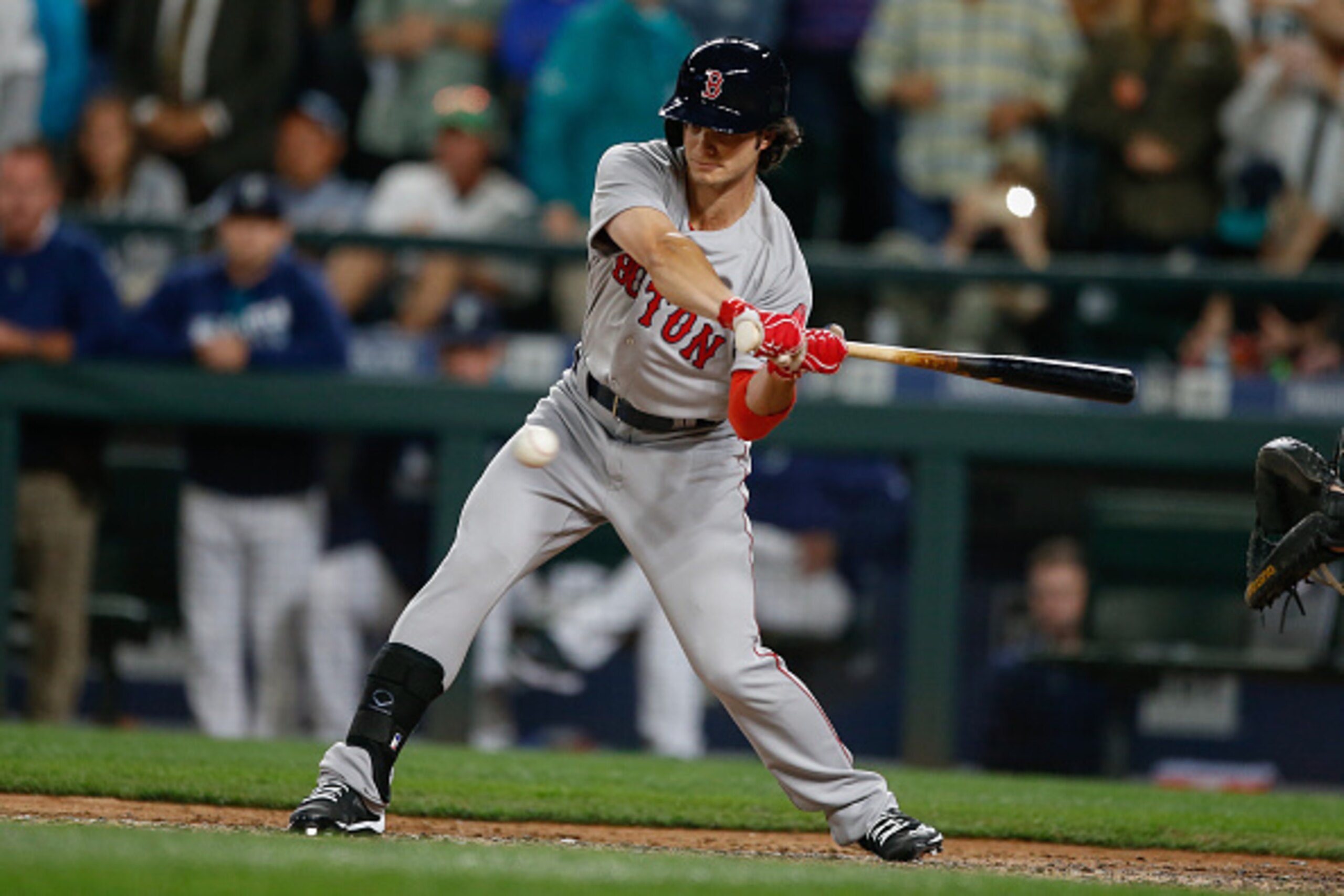 SEATTLE, WA - AUGUST 02: Andrew Benintendi #40 of the Boston Red Sox strikes out for the final out in a 5-4 loss to the Seattle Mariners at Safeco Field on August 2, 2016 in Seattle, Washington. (Photo by Otto Greule Jr/Getty Images) SEATTLE, WA - AUGUST 02: Andrew Benintendi #40 of the Boston Red Sox strikes out for the final out in a 5-4 loss to the Seattle Mariners at Safeco Field on August 2, 2016 in Seattle, Washington. (Photo by Otto Greule Jr/Getty Images)