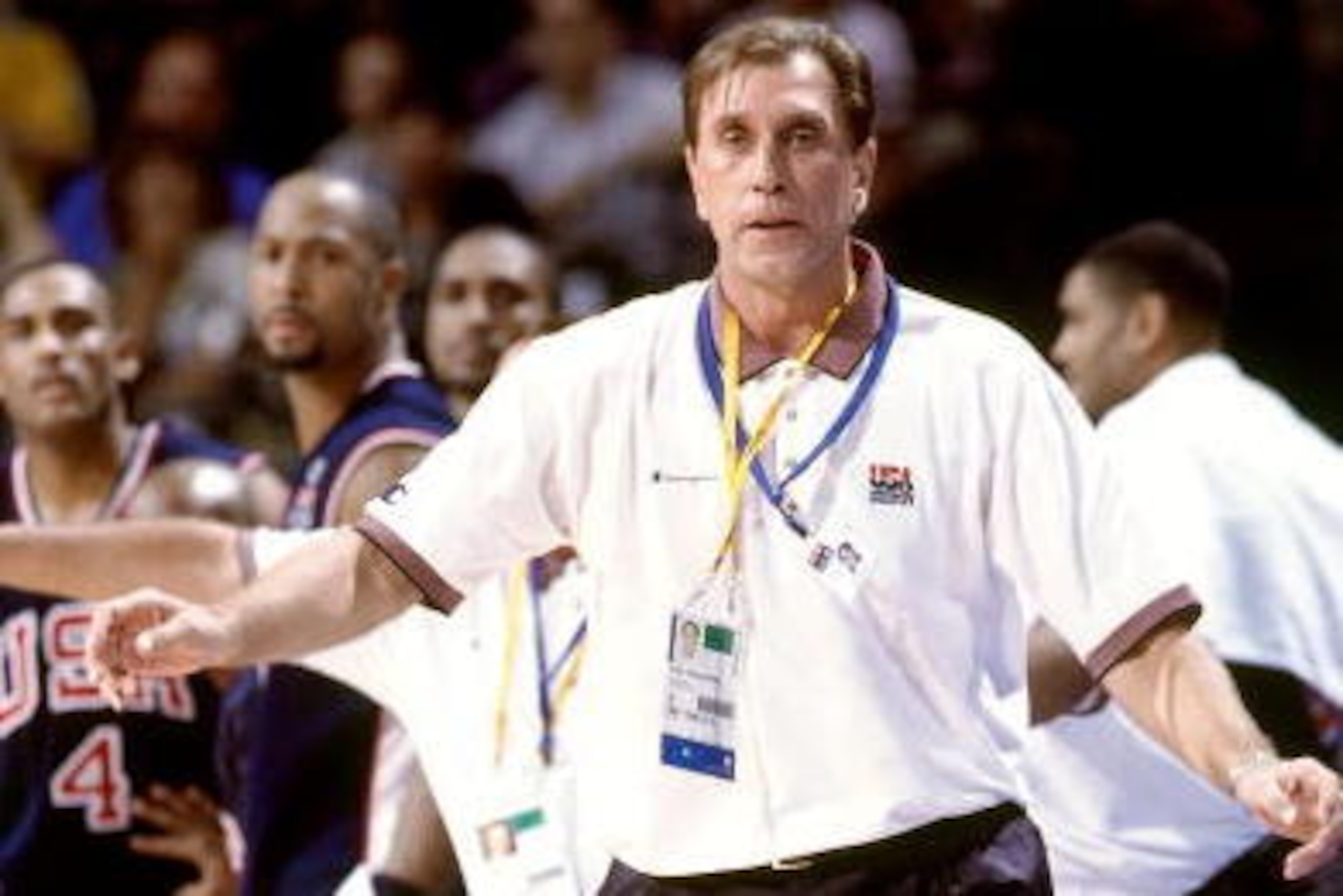 SYDNEY - SEPTEMBER 27: United States National Team head coach Rudy Tomjanovich gives his players instructions against the Lithuanian National Team during the 2000 Summer Olympics Quarterfinals played September 27, 2000 in Sydney, Australia. NOTE TO USER: SYDNEY - SEPTEMBER 27: United States National Team head coach Rudy Tomjanovich gives his players instructions against the Lithuanian National Team during the 2000 Summer Olympics Quarterfinals played September 27, 2000 in Sydney, Australia. NOTE TO USER: