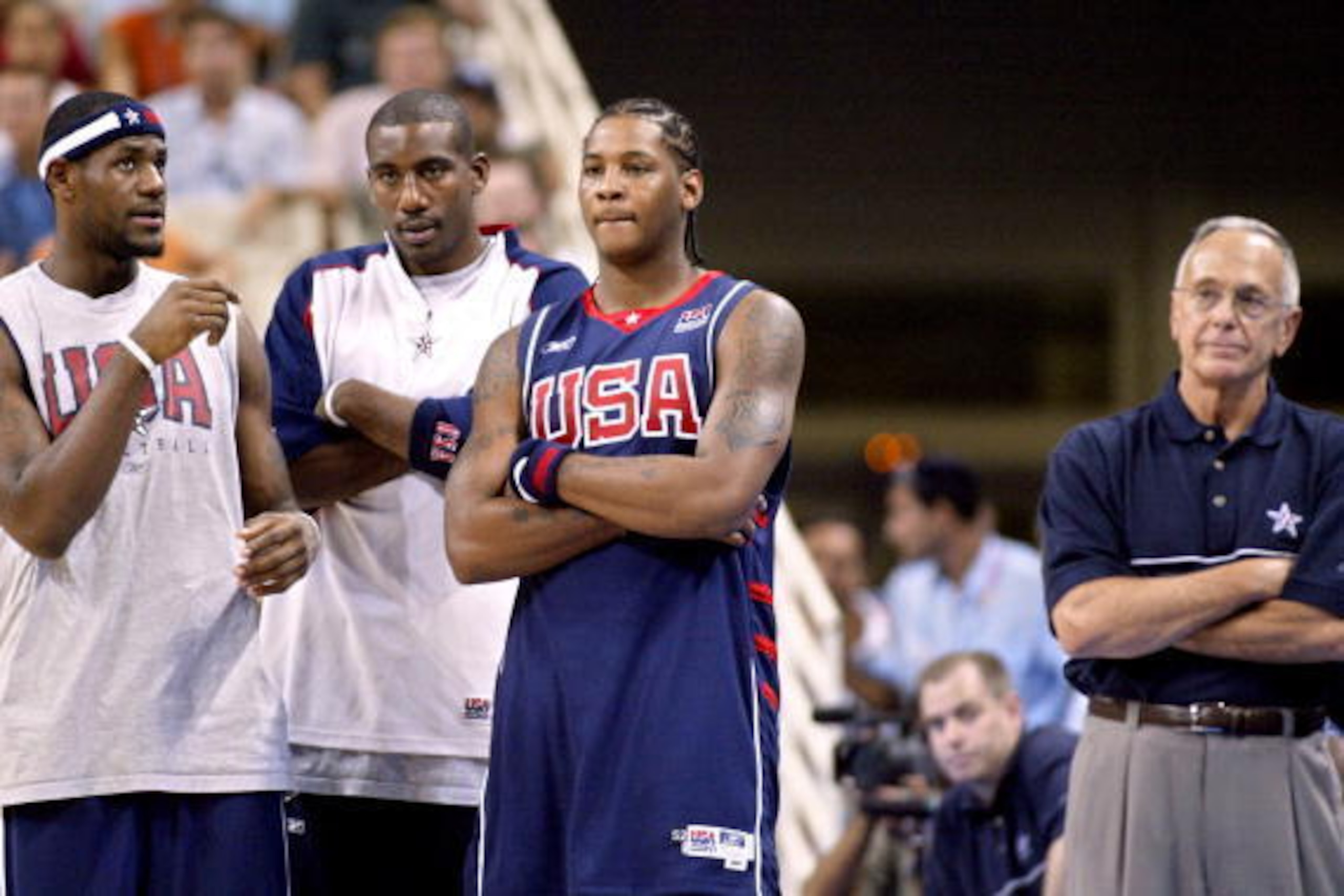 Athens, Greece: Dejected American team players and coach Larry Brown look on after loosing to Argentina 87-89 during their Olympic Games men's basketball semi final match 27 August 2004, at the Olympic Indoor Hall in Athens. Argentina goes into the final Athens, Greece: Dejected American team players and coach Larry Brown look on after loosing to Argentina 87-89 during their Olympic Games men's basketball semi final match 27 August 2004, at the Olympic Indoor Hall in Athens. Argentina goes into the final