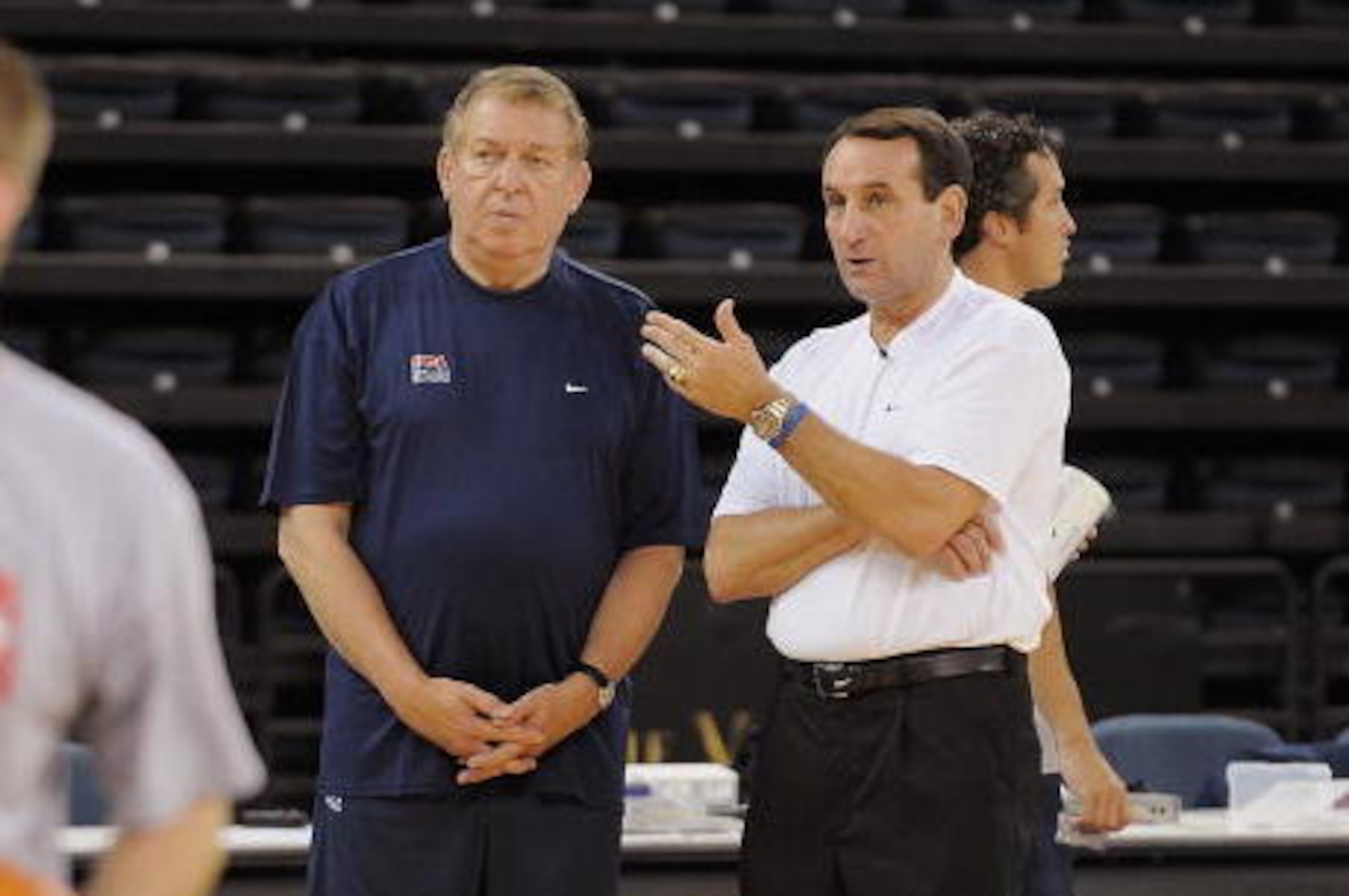 MACAU, CHINA - JULY 29: (L-R) Managing Director Jerry Colangelo and Head Coach Mike Krzyzewski of the U.S. Men's Senior National Team talk during practice prior to the 2008 Beijing Summer Olympics in Macau, China on July 29, 2008. NOTE TO USER: User expr MACAU, CHINA - JULY 29: (L-R) Managing Director Jerry Colangelo and Head Coach Mike Krzyzewski of the U.S. Men's Senior National Team talk during practice prior to the 2008 Beijing Summer Olympics in Macau, China on July 29, 2008. NOTE TO USER: User expr
