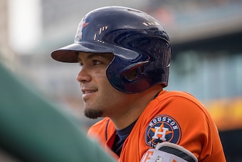 DETROIT, MI - JULY 31: Jose Altuve #27 of the Houston Astros waits for his turn at bat in the dugout in the ninth inning during a MLB game against the Detroit Tigers at Comerica Park on July 31, 2016 in Detroit, Michigan. Detroit defeated the Astros 11-0.