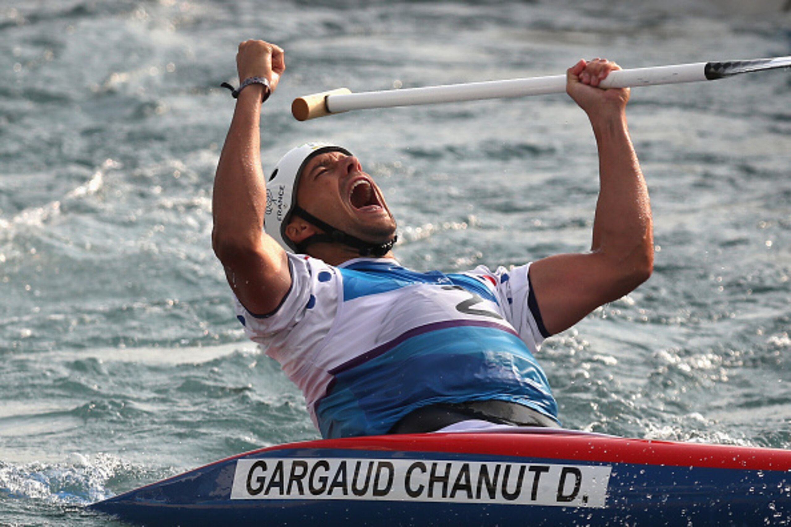 RIO DE JANEIRO, BRAZIL - AUGUST 09:  Denis Gargaud Chanut of France reacts during the Canoe Single (C1) Men's Final on Day 4 of the Rio 2016 Olympic Games at the Whitewater Stadium on August 9, 2016 in Rio de Janeiro, Brazil.  (Photo by Rob Carr/Getty Ima