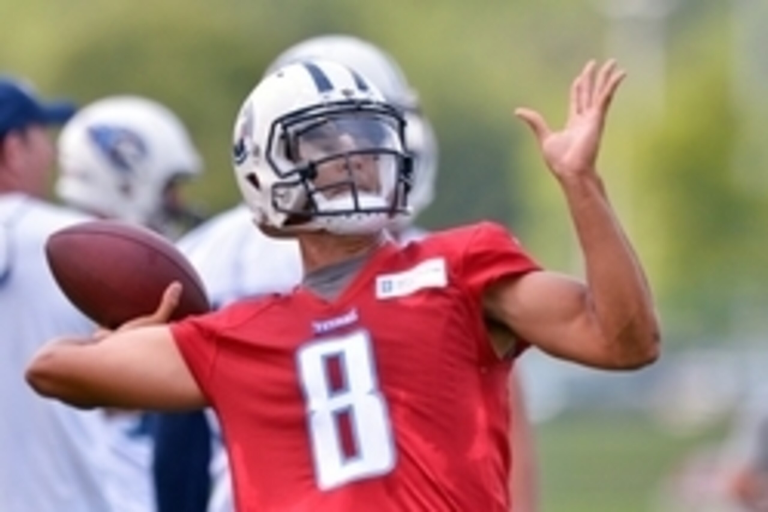 Jun 14, 2016; Nashville, TN, USA; Tennessee Titans quarter back Marcus Mariota (8) passes the ball during mini camp practice at Saint Thomas Sports Park. Mandatory Credit: Jim Brown-USA TODAY Sports Jun 14, 2016; Nashville, TN, USA; Tennessee Titans quarter back Marcus Mariota (8) passes the ball during mini camp practice at Saint Thomas Sports Park. Mandatory Credit: Jim Brown-USA TODAY Sports