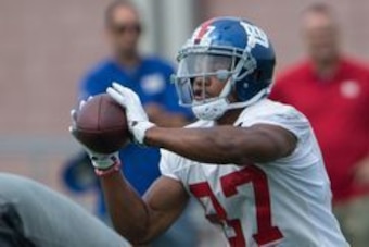 Jul 30, 2016; East Rutherford, NJ, USA; New York Giants wide receiver Sterling Shepard (87) catches the ball at Quest Diagnostics Training Center. Mandatory Credit: William Hauser-USA TODAY Sports