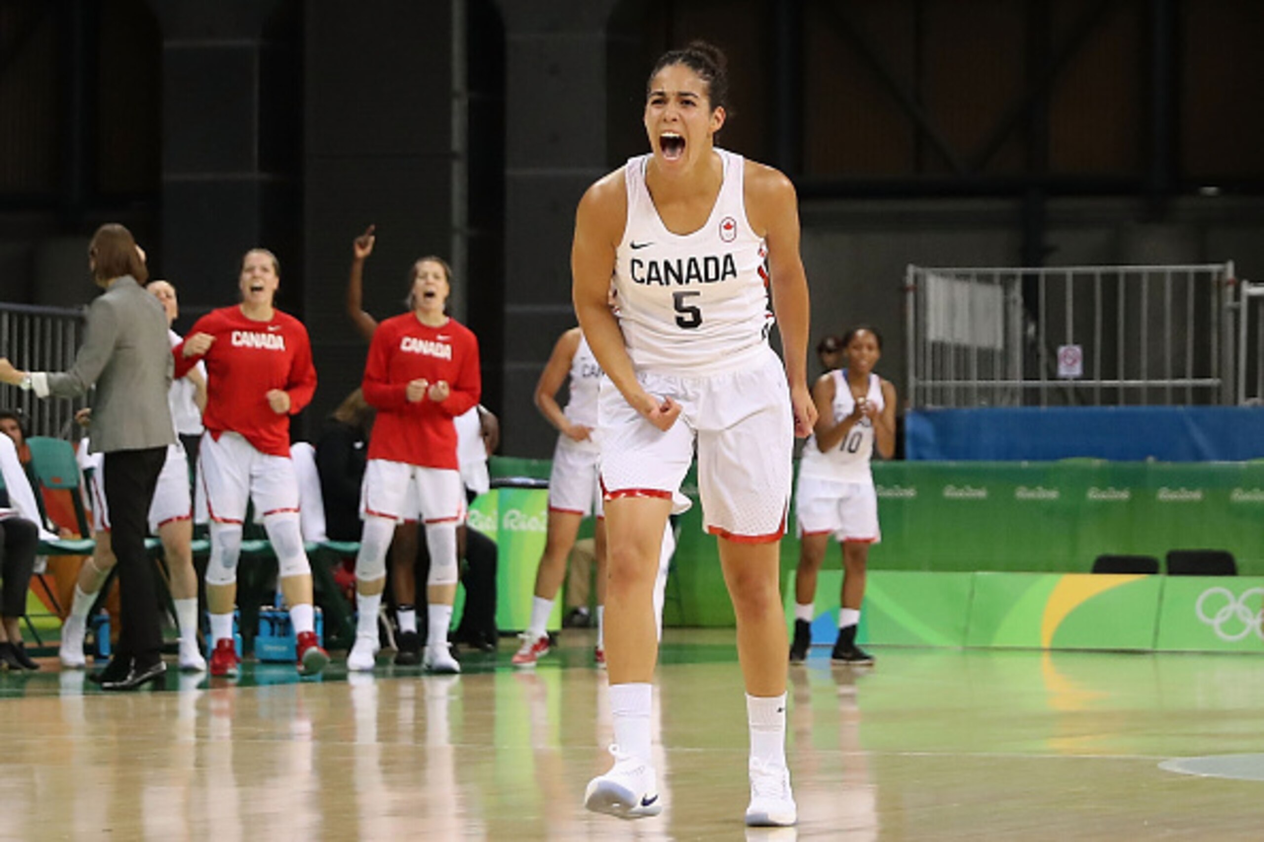 RIO DE JANEIRO, BRAZIL - AUGUST 08:  Kia Nurse #5 of Canada reacts after scoring against Serbia during the women's basketball game on Day 3 of the Rio 2016 Olympic Games at the Youth Arena on August 8, 2016 in Rio de Janeiro, Brazil.  (Photo by Christian 