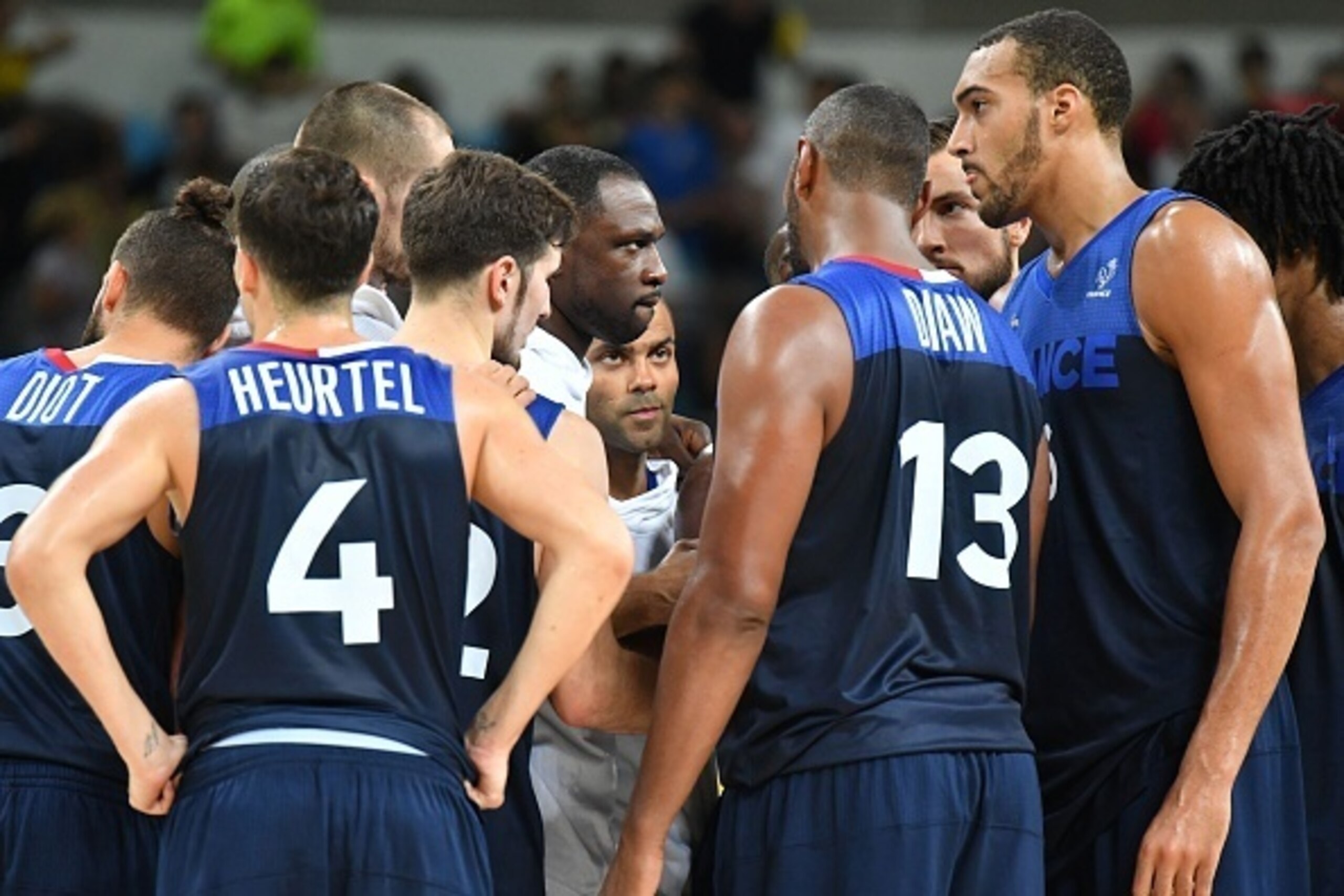 (From L) France's point guard Antoine Diot, France's point guard Thomas Heurtel, France's  guard Nando de Colo, France's power forward Florent Pietrus, France's point guard Tony Parker, France's power forward Boris Diaw, France's power forward Joffrey Lau