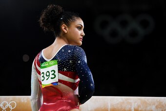 RIO DE JANEIRO, BRAZIL - AUGUST 09:  Lauren Hernandez of the United States prepares ro compete on the balance beam during the Artistic Gymnastics Women's Team Final on Day 4 of the Rio 2016 Olympic Games at the Rio Olympic Arena on August 9, 2016 in Rio d