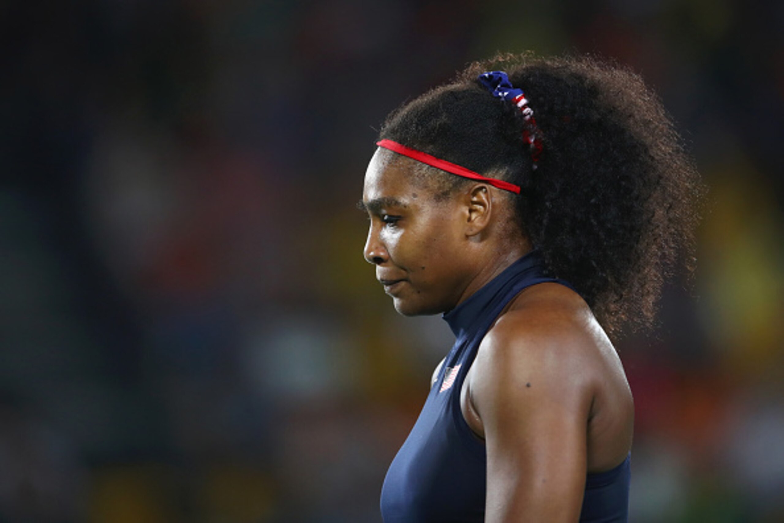 RIO DE JANEIRO, BRAZIL - AUGUST 09:  Serena Williams of the United States reacts during a Women's Singles Third Round match against Elina Svitolina of Ukraine on Day 4 of the Rio 2016 Olympic Games at the Olympic Tennis Centre on August 9, 2016 in Rio de 