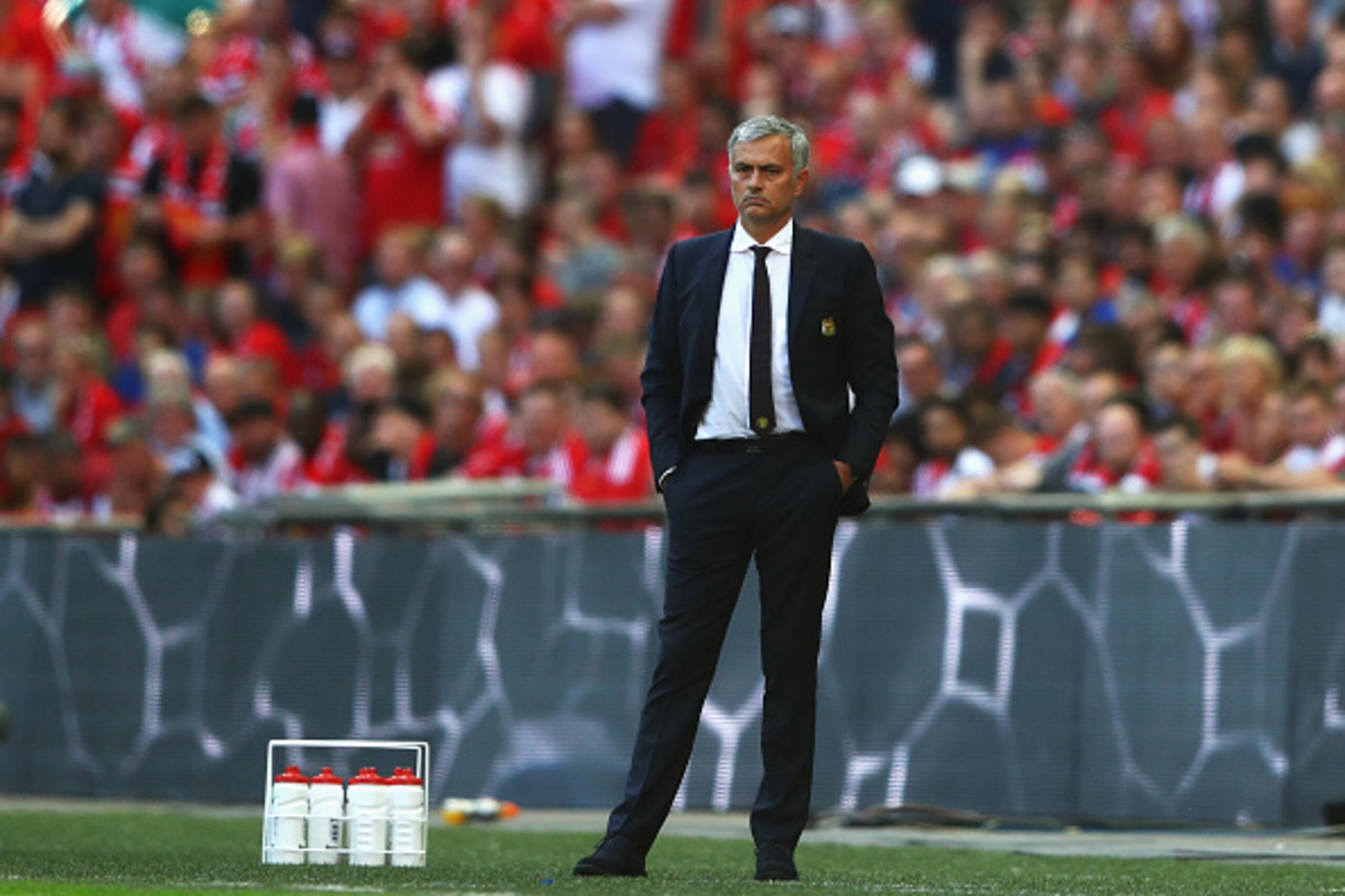 LONDON, ENGLAND - AUGUST 07: Manager of Manchester United, Jose Mourinho on the sideline during The FA Community Shield match between Leicester City and Manchester United at Wembley Stadium on August 7, 2016 in London, England.  (Photo by Michael Steele/G
