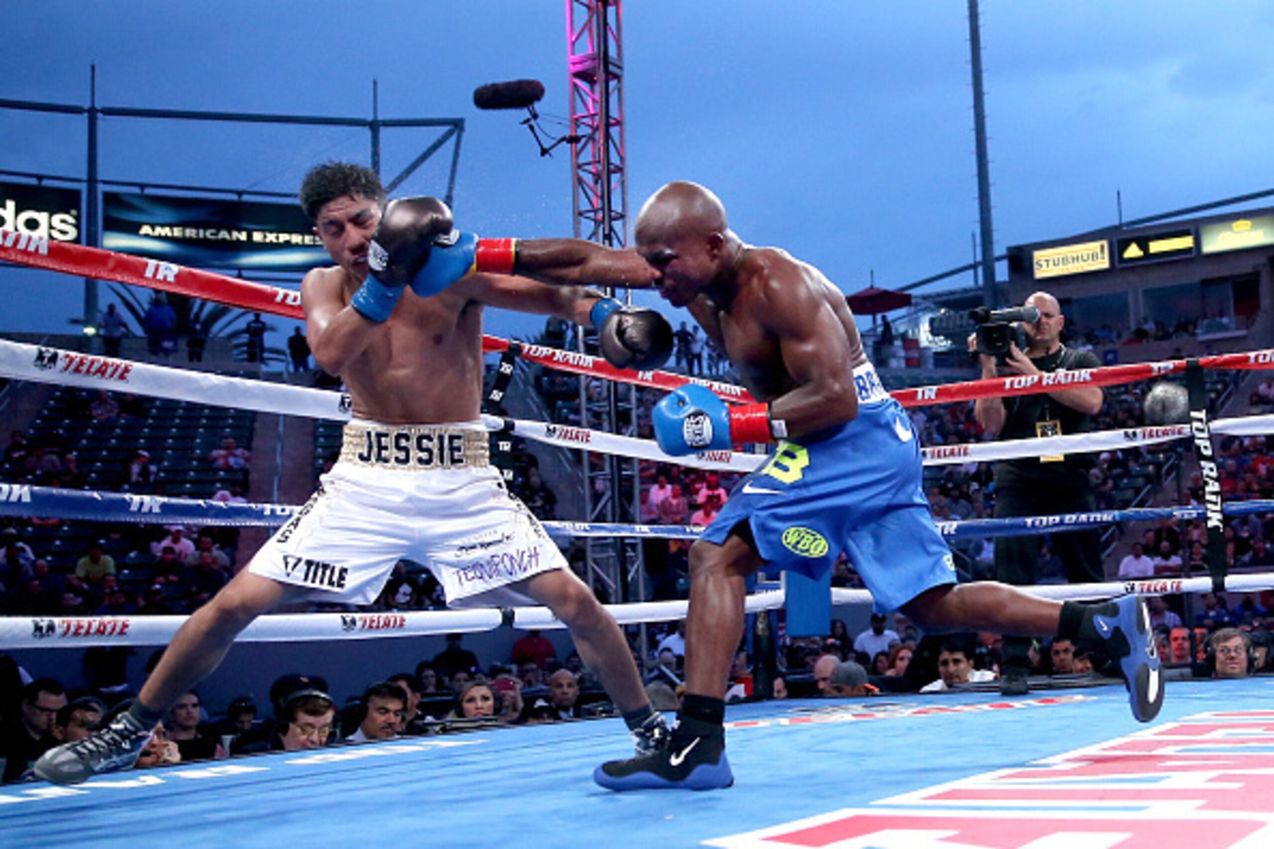 LOS ANGELES, CA - JUNE 27:  Timothy Bradley Jr. lands a punch on Jessie Vargas in their Interim WBO World Title welterweight fight at StubHub Center on June 27, 2015 in Los Angeles, California.  Bradley won in a unanimous  decision.  (Photo by Stephen Dun