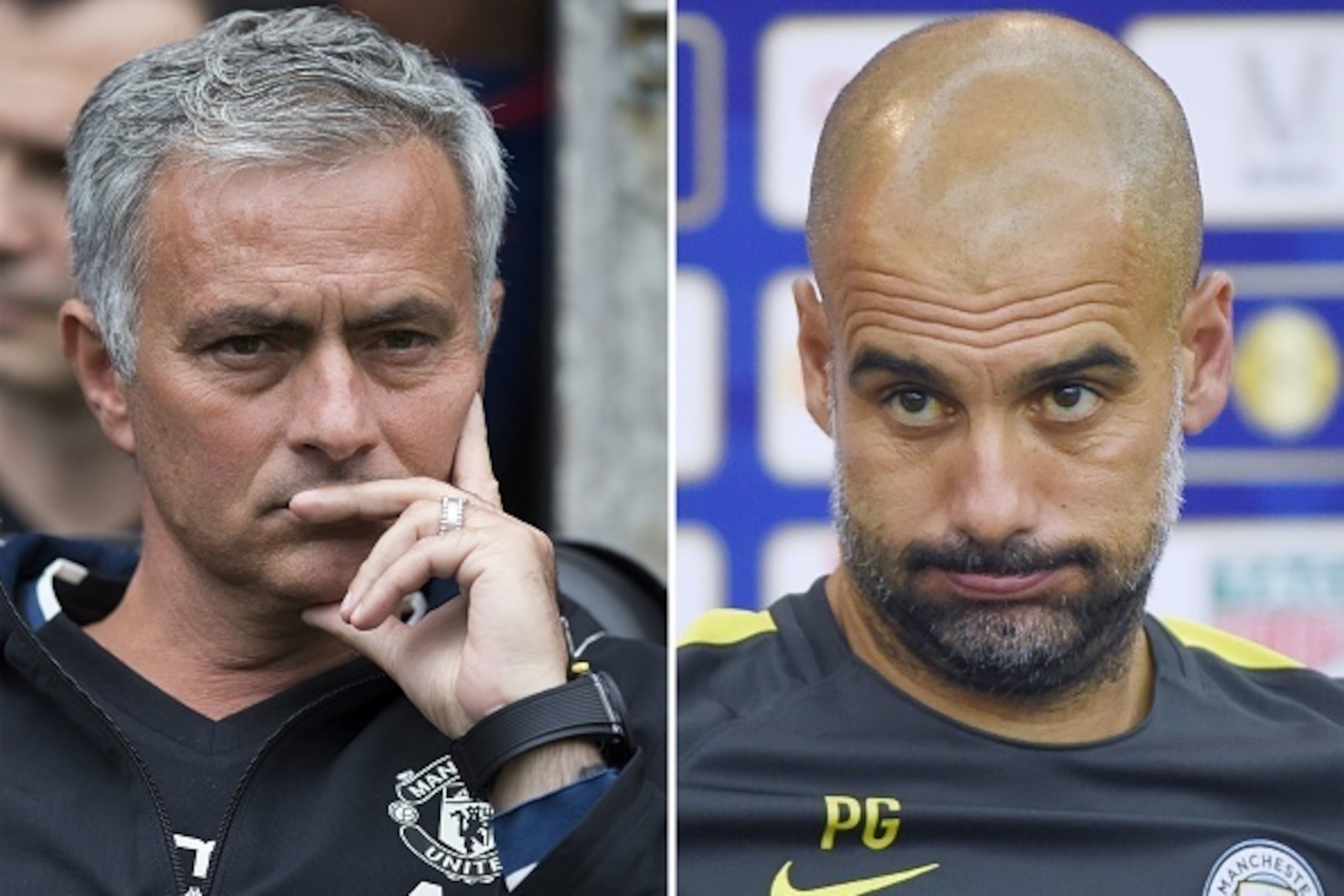 A combo created in London on August 8, 2016 shows Manchester United's Portuguese manager Jose Mourinho watching his players ahead of the pre-season friendly football match between Wigan Athletic and Manchester United at the DW stadium in Wigan, northwest 