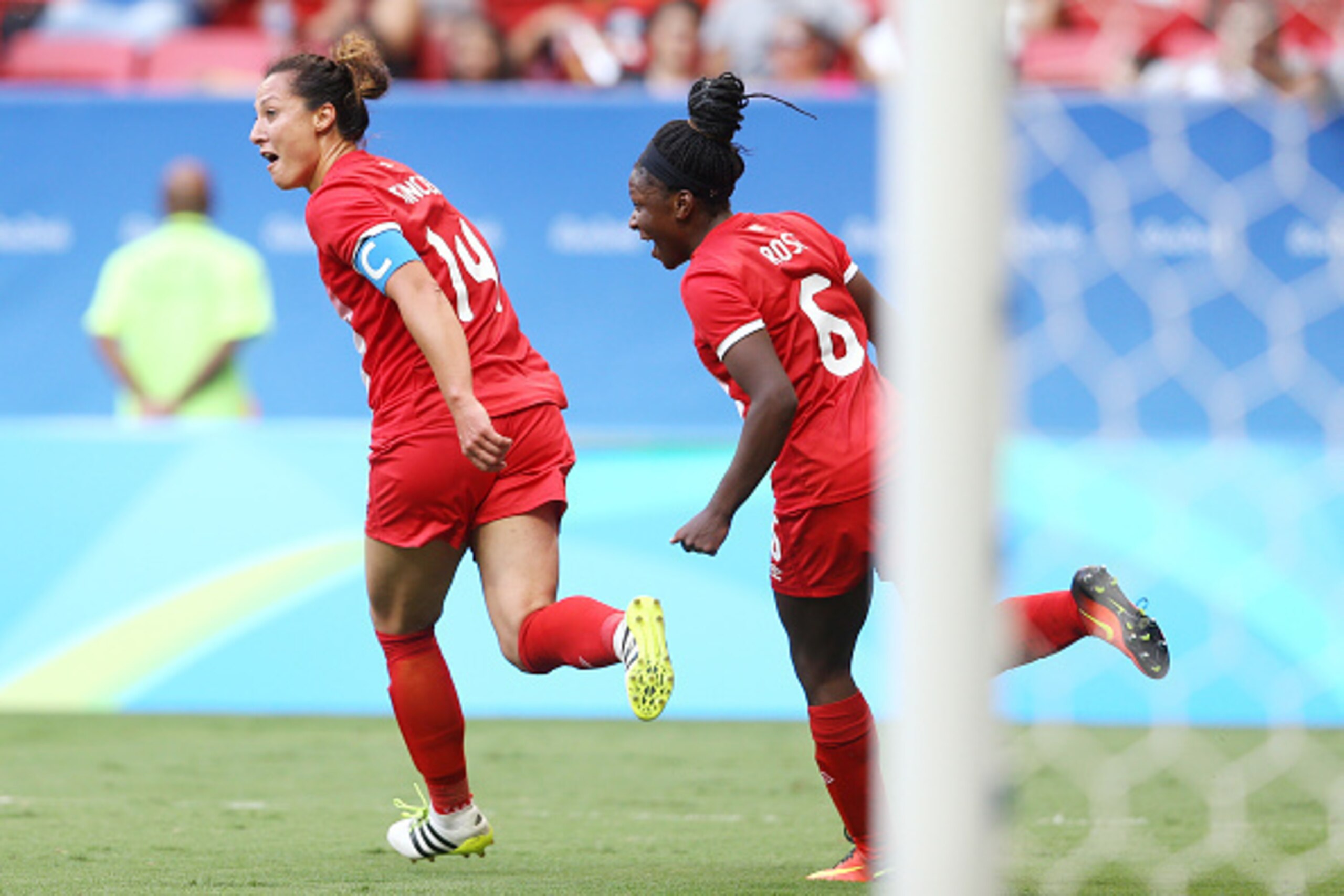 BRASILIA, BRAZIL - AUGUST 09: Melissa Tancredi of Canada celebrates scoring her team's second goal during the Women's First Round Group F match between Germany and Canada on Day 4 of the Rio 2016 Olympic Games at Mane Garrincha Stadium on August 9, 2016 i
