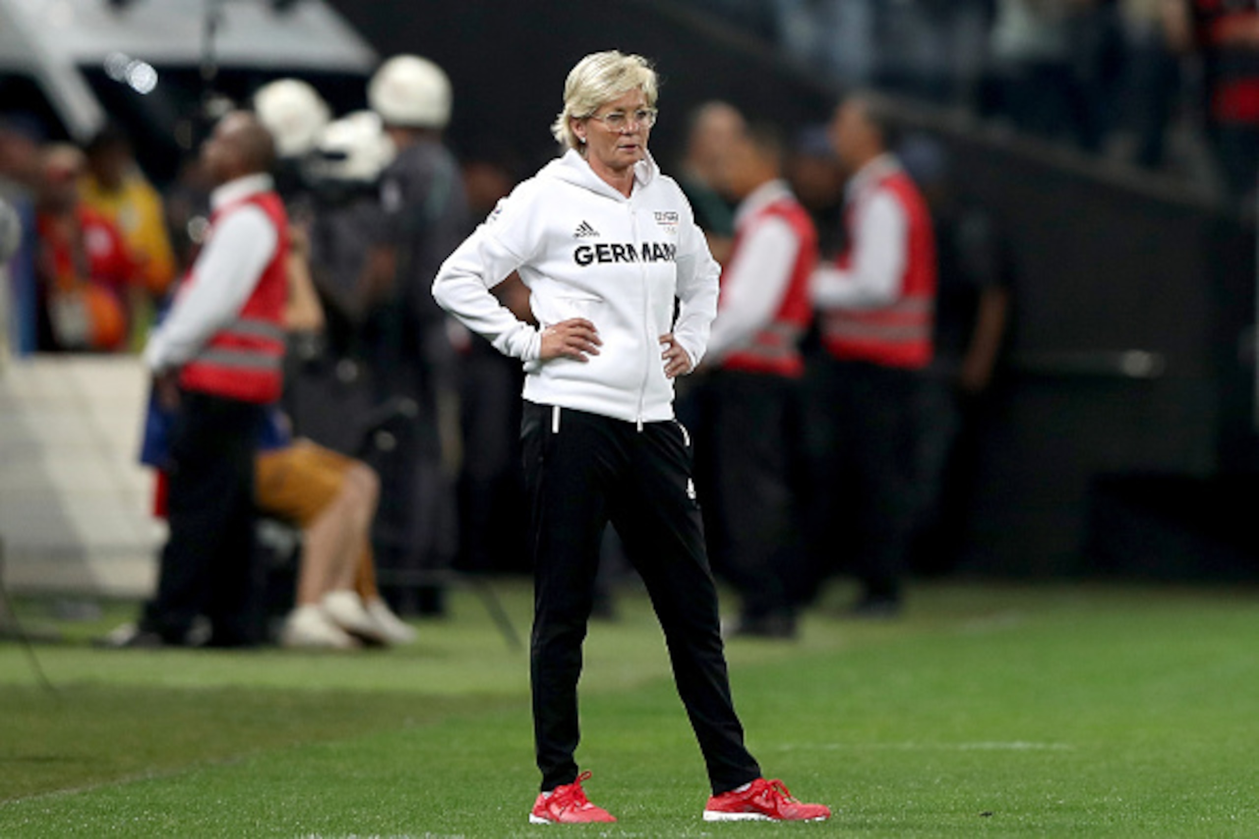 SAO PAULO, BRAZIL - AUGUST 06:  Head coach Silvia Neid of Germany looks on while taking on Australia in the Women's First Round Group F match at Arena Corinthians on August 6, 2016 in Sao Paulo, Brazil.  (Photo by Alexandre Schneider/Getty Images)