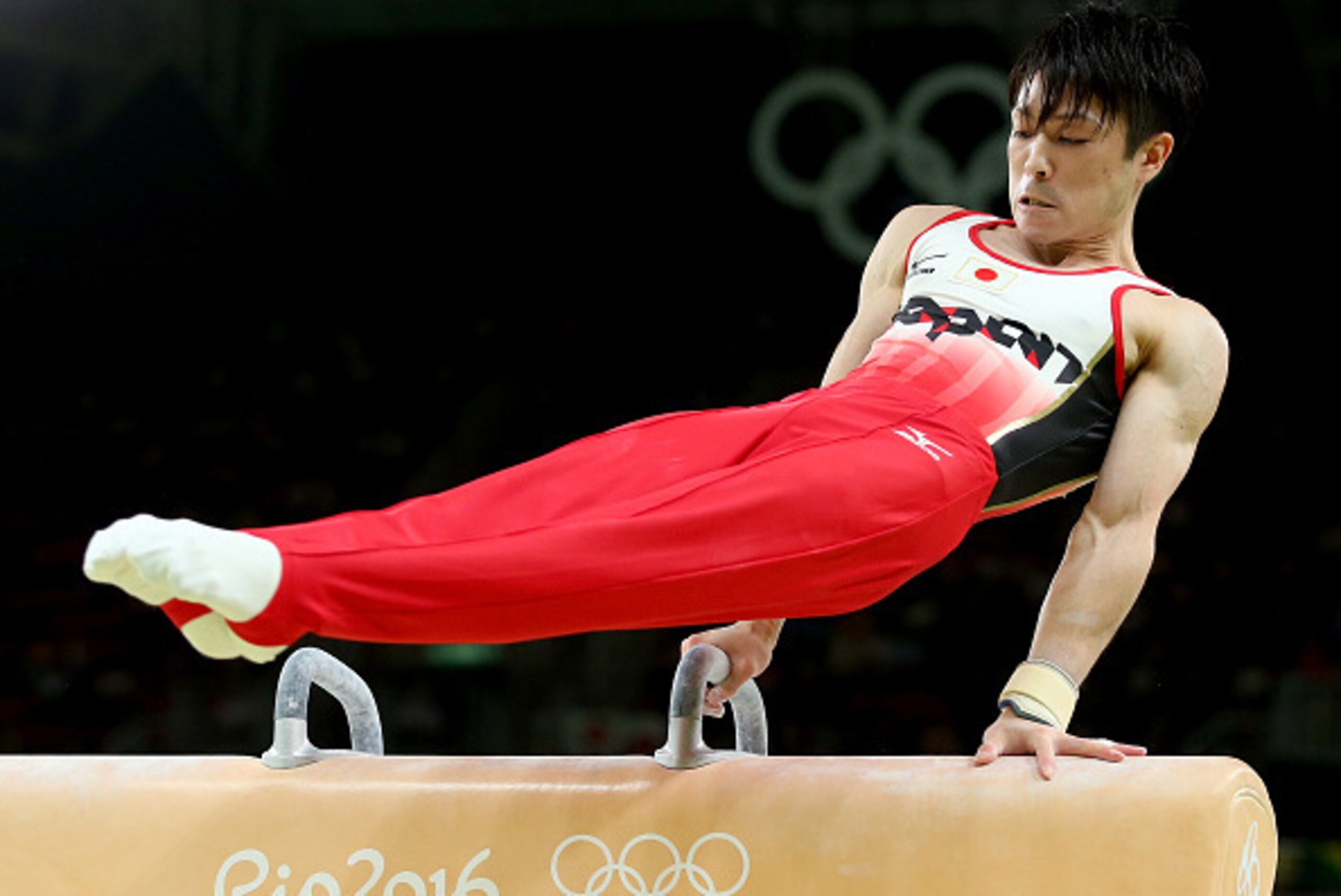 RIO DE JANEIRO, BRAZIL - AUGUST 08:  Kohei Uchimura of Japan competes on the pommel horse during the men's team final on Day 3 of the Rio 2016 Olympic Games at the Rio Olympic Arena on August 8, 2016 in Rio de Janeiro, Brazil.  (Photo by Alex Livesey/Gett