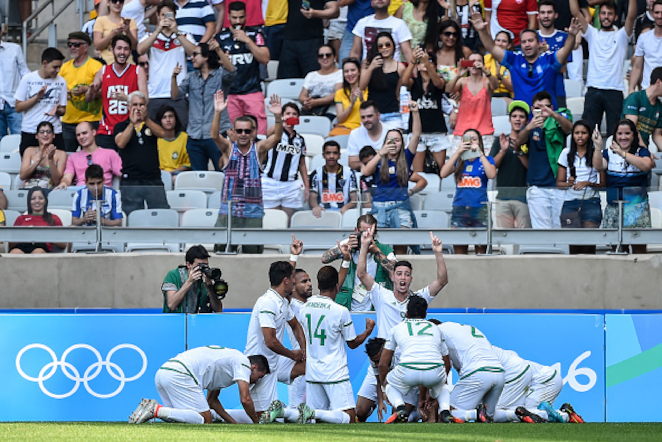 BELO HORIZONTE, BRAZIL - AUGUST 10: Players of Algeria celebrates a goal during the Group D match between Algeria and Portugal on Day 5 of the Rio 2016 Olympic Games at Mineirao Stadium on August 10, 2016 in Belo Horizonte, Brazil. (Photo by Pedro Vilela/ BELO HORIZONTE, BRAZIL - AUGUST 10: Players of Algeria celebrates a goal during the Group D match between Algeria and Portugal on Day 5 of the Rio 2016 Olympic Games at Mineirao Stadium on August 10, 2016 in Belo Horizonte, Brazil. (Photo by Pedro Vilela/