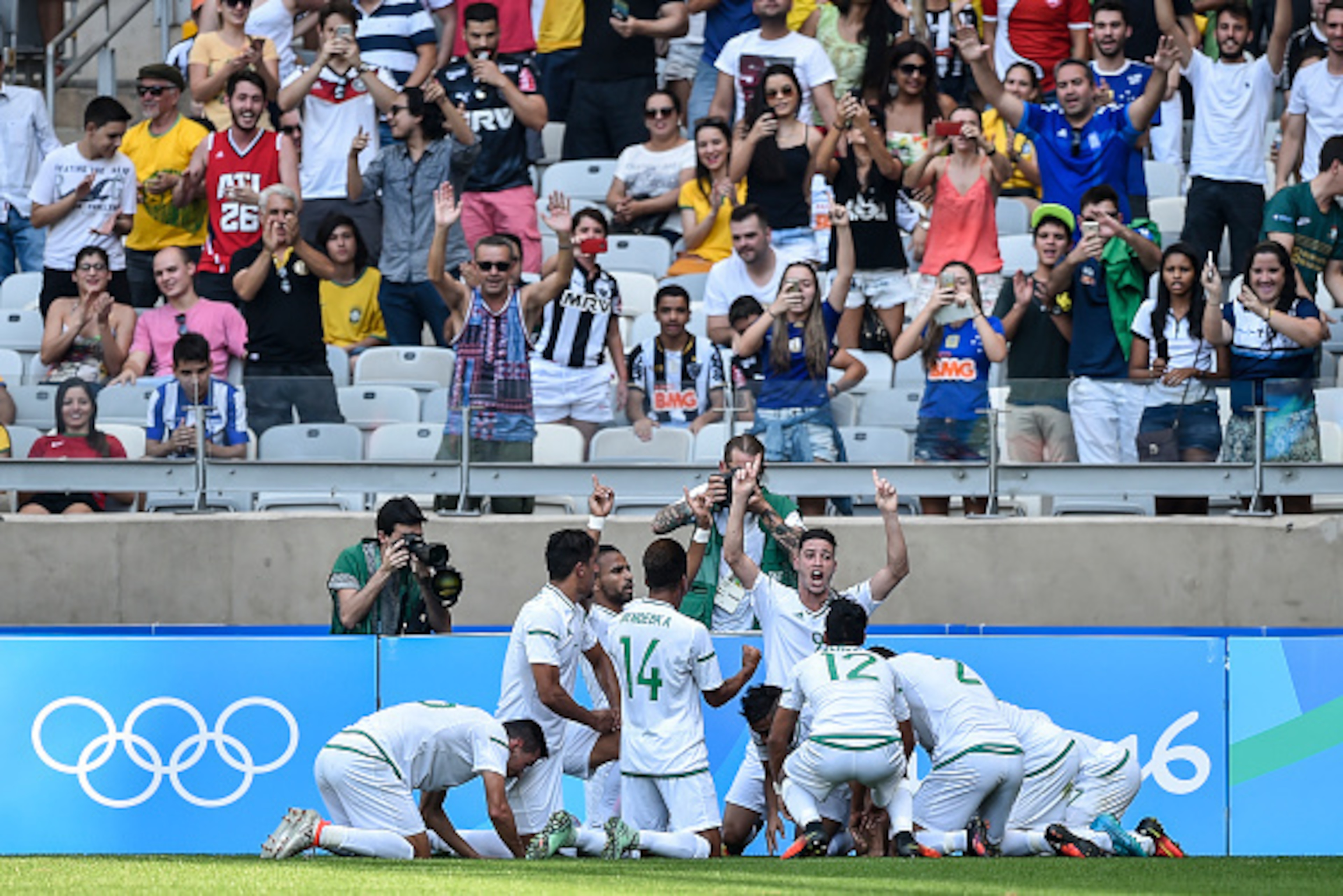 BELO HORIZONTE, BRAZIL - AUGUST 10: Players of Algeria celebrates a goal during the Group D match between Algeria and Portugal on Day 5 of the Rio 2016 Olympic Games at Mineirao Stadium on August 10, 2016 in Belo Horizonte, Brazil. (Photo by Pedro Vilela/