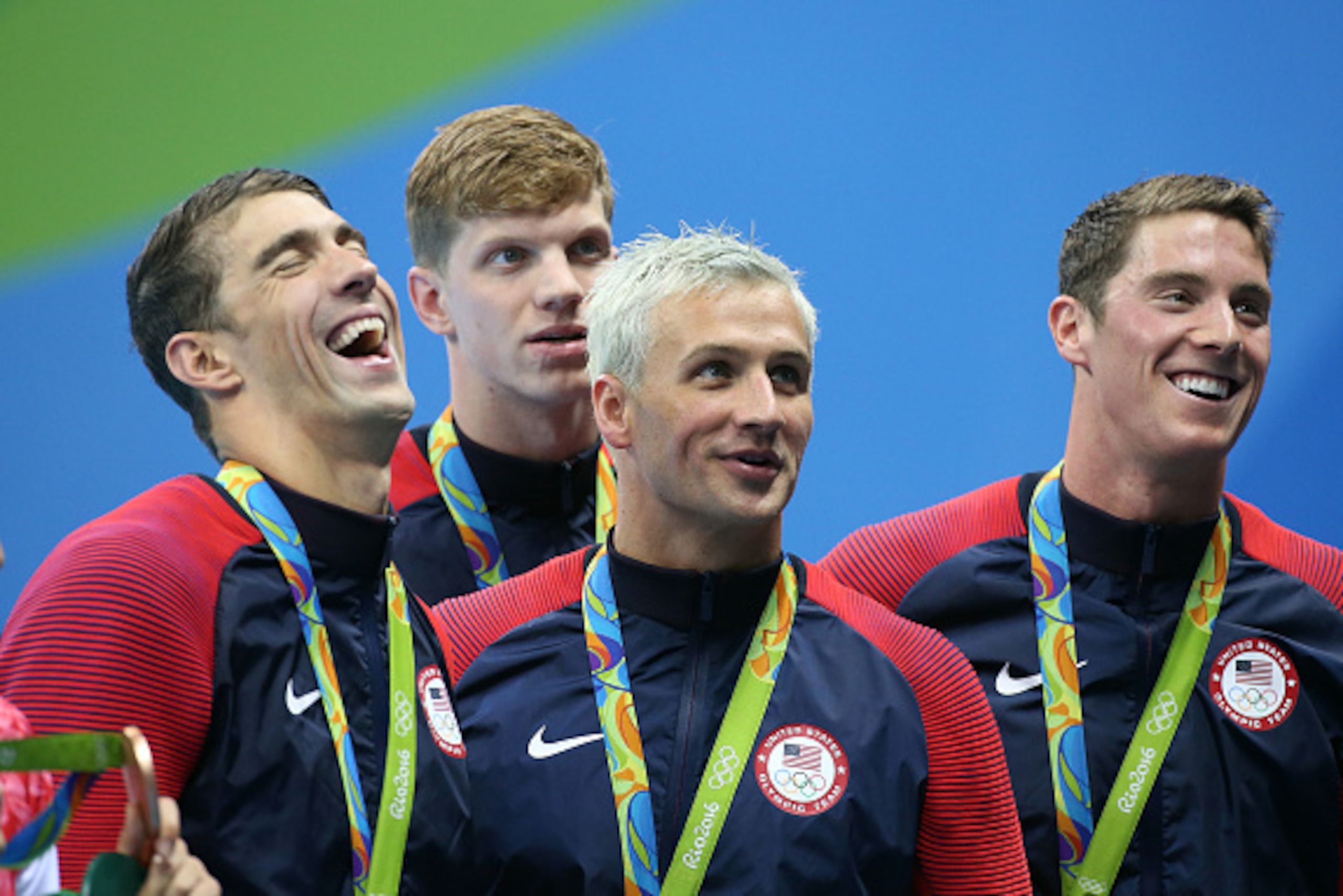 RIO DE JANEIRO, BRAZIL - AUGUST 9: Michael Phelps, Francis Haas, Ryan Lochte, Conor Dwyer of Team USA celebrate winning the gold medal during the medal ceremony of the men's 200m freestyle relay on day 4 of the Rio 2016 Olympic Games at Olympic Aquatics S RIO DE JANEIRO, BRAZIL - AUGUST 9: Michael Phelps, Francis Haas, Ryan Lochte, Conor Dwyer of Team USA celebrate winning the gold medal during the medal ceremony of the men's 200m freestyle relay on day 4 of the Rio 2016 Olympic Games at Olympic Aquatics S