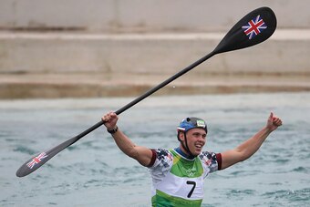 RIO DE JANEIRO, BRAZIL - AUGUST 10:  Joseph Clarke of Great Britain celebrates after winning gold in the Kayak (K1) Men's Final on Day 5 of the Rio 2016 Olympic Games at Whitewater Stadium on August 10, 2016 in Rio de Janeiro, Brazil.  (Photo by Christian